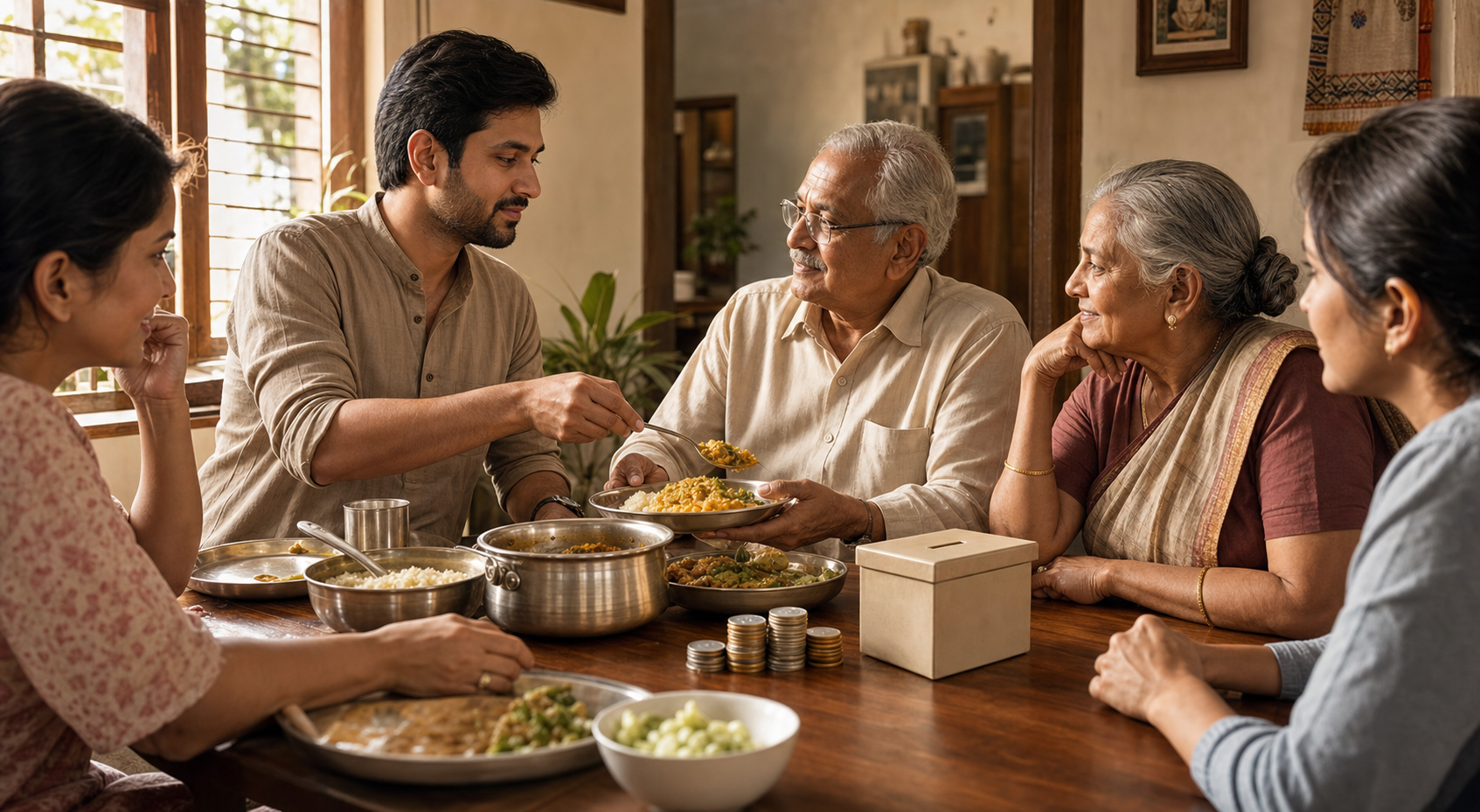 A person calmly serves food to an older relative during a family meal, with coins and a savings box on the table.