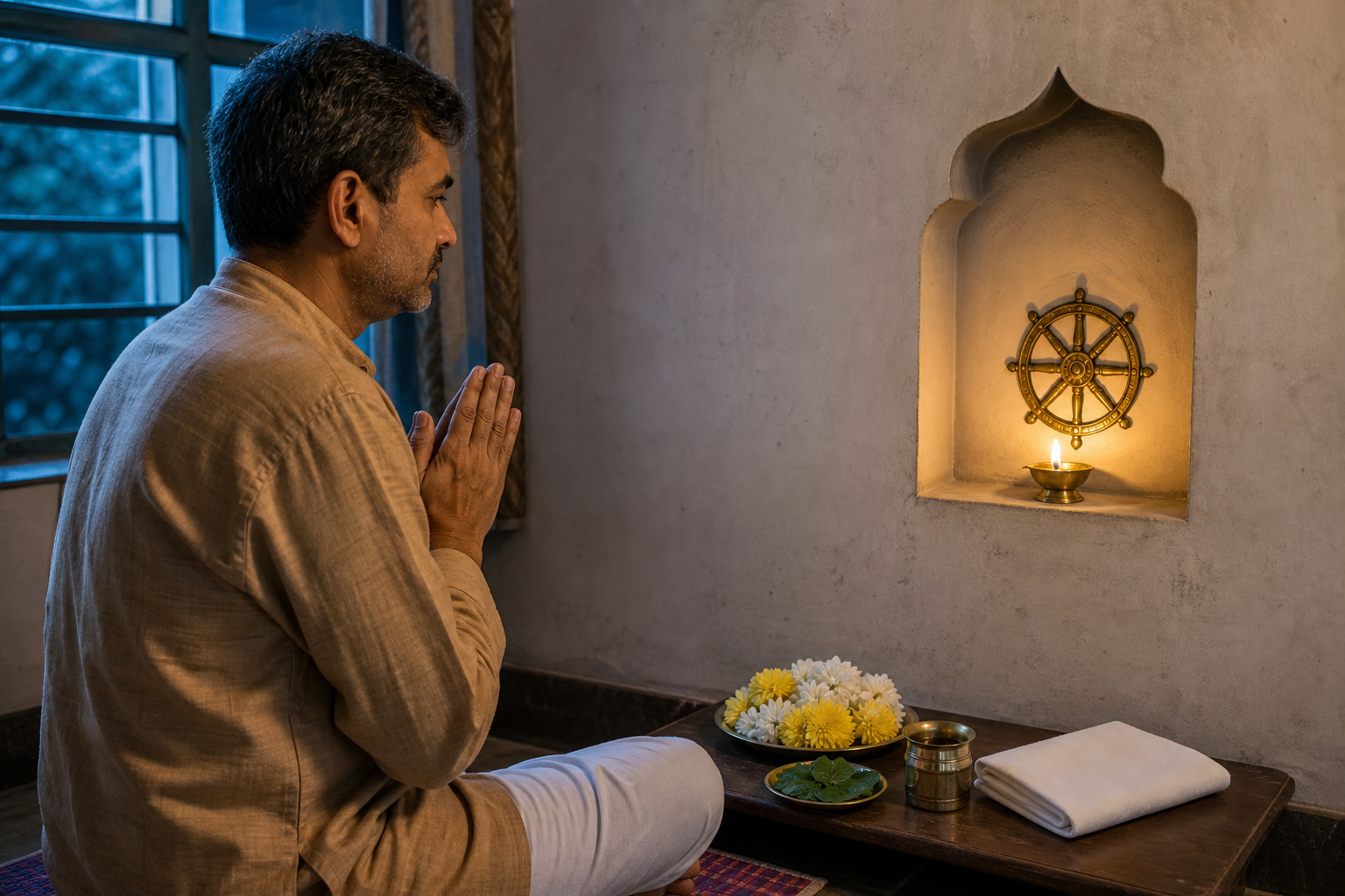 A householder with joined palms sits before a small home shrine containing a brass chakra, one oil lamp, flowers, water, tulsi, and a folded cloth.