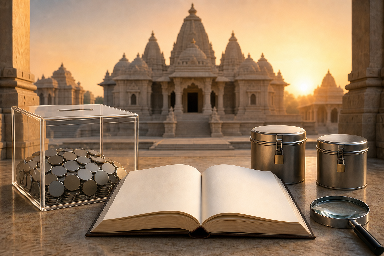 A sandstone Hindu temple behind a transparent donation box, sealed coin containers, a blank ledger, and a magnifying glass.