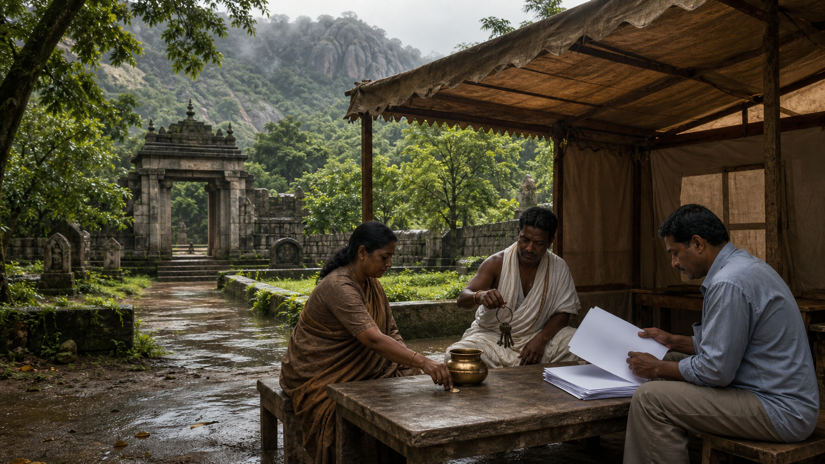 A devotee, temple servant, and legal researcher examine a donation vessel, keys, and blank records before a South Indian temple beneath forested hills.