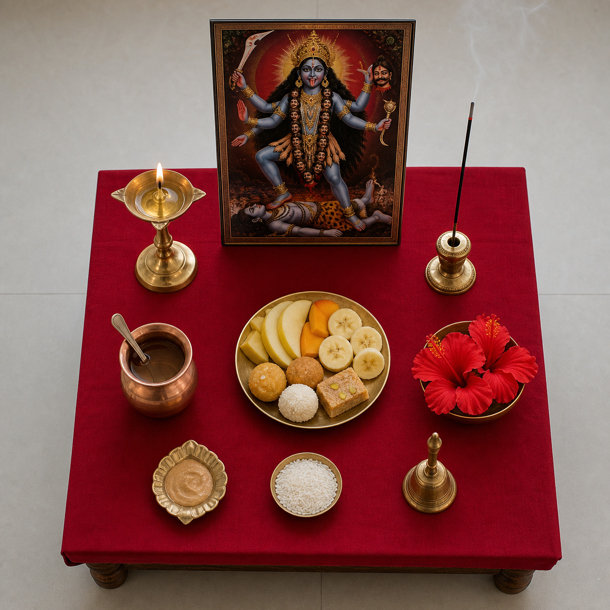 An uncluttered Kali Puja altar arranged with a devotional image, lamp, incense, water, fruit, sweets, hibiscus flowers, sandalwood paste, rice, and a bell.