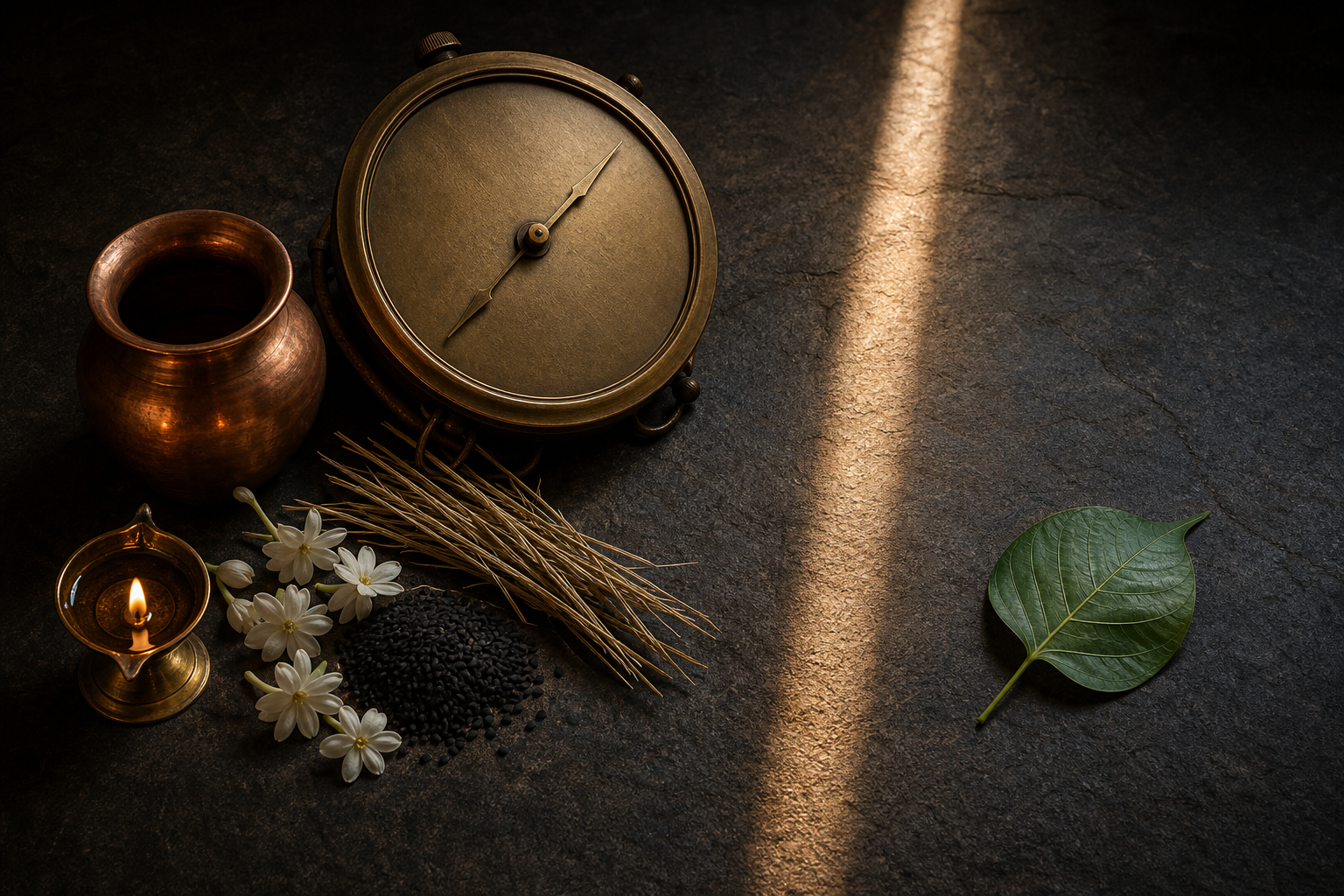 A blank-faced brass clock and traditional ritual items sit beside a fresh green leaf, divided by a narrow band of morning sunlight.