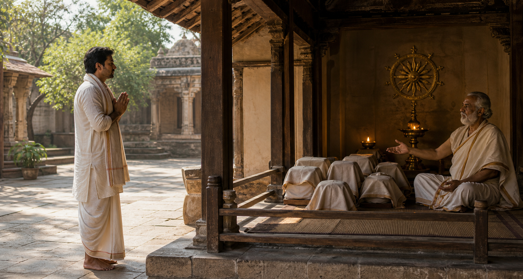 A student with joined palms pauses at a temple pavilion threshold while an older teacher indicates covered ritual objects arranged inside.