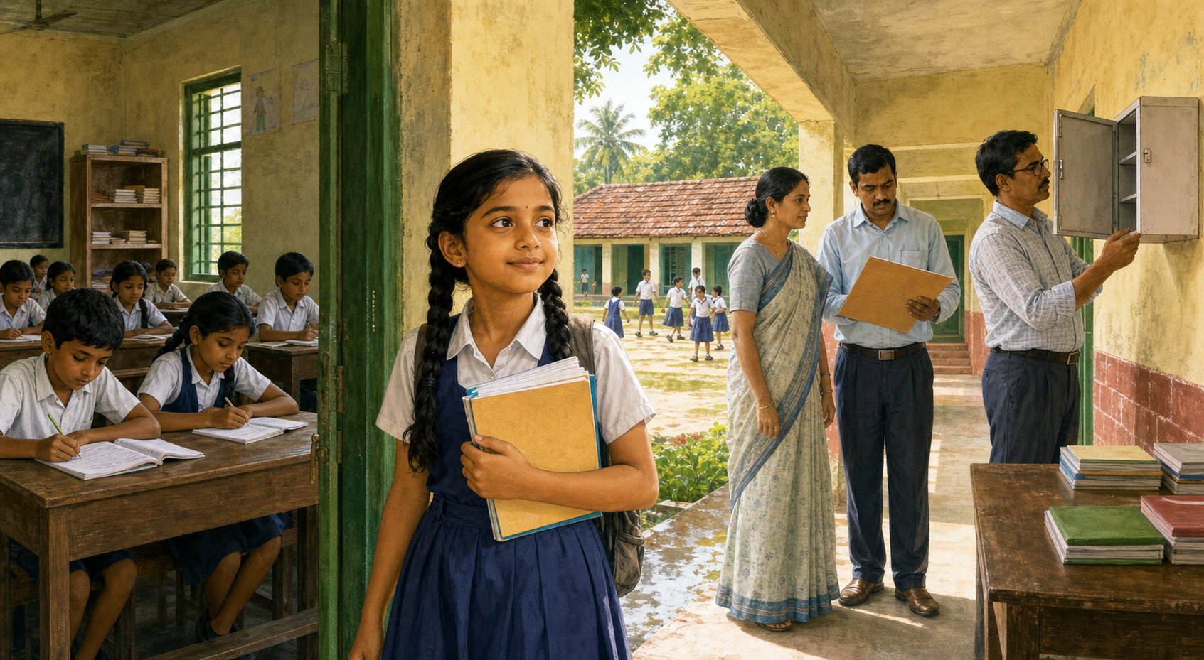 A schoolgirl carrying notebooks stands at the center of a West Bengal school while a teacher and education inspectors examine classrooms and safety facilities.