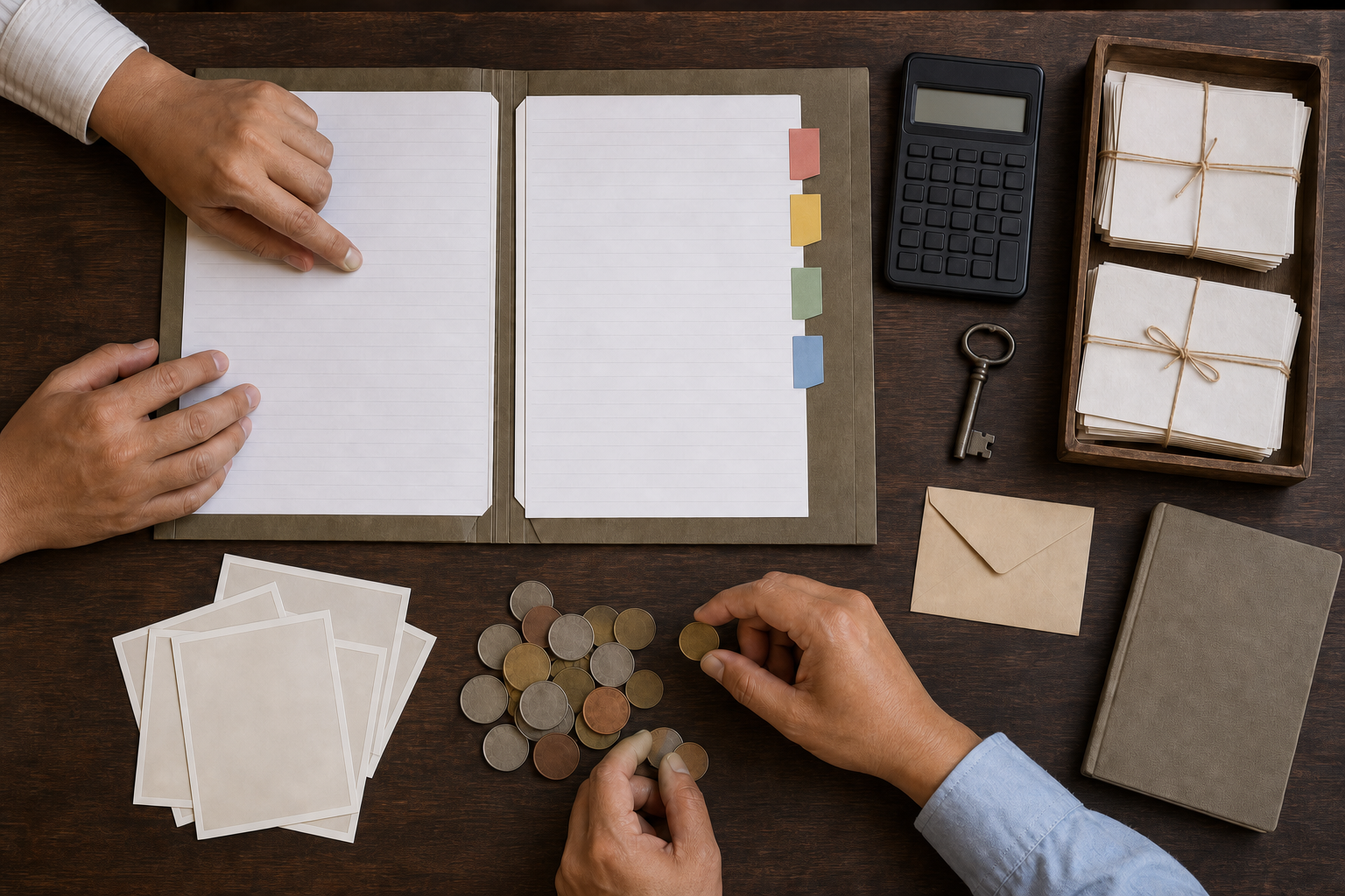 Hands organize blank records, receipts, an unmarked bankbook, a donation-box key, and counted coins in an archival folder on a wooden desk.