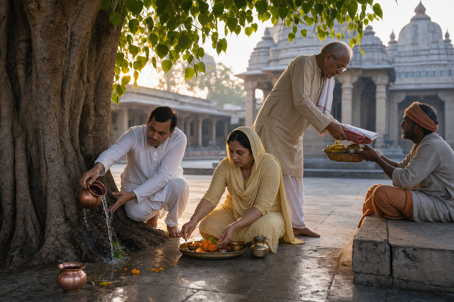 A family performs a morning observance beneath a peepal tree while offering ritual water, flowers, a lamp, food and folded cloth.