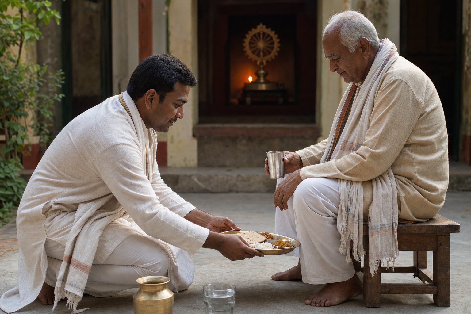 A devotee serves food and water to an elderly visitor in a home courtyard while a simple shrine with a brass chakra and oil lamp appears in the background.