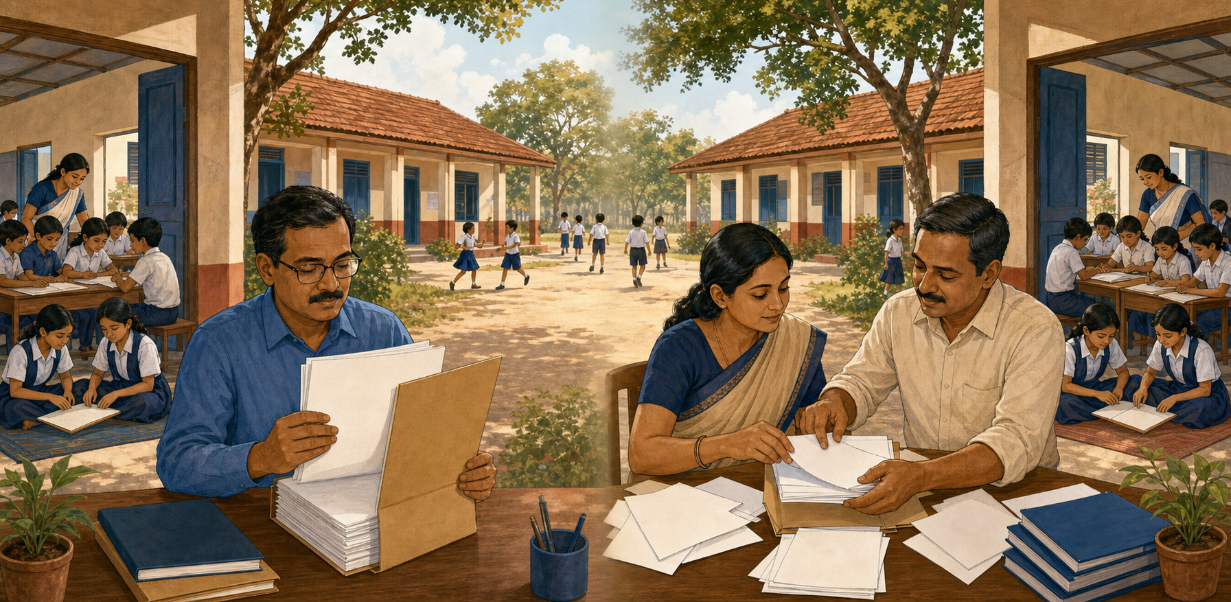 Two similar West Bengal schools are shown side by side as officials review an organized file at one and help assemble records at the other.
