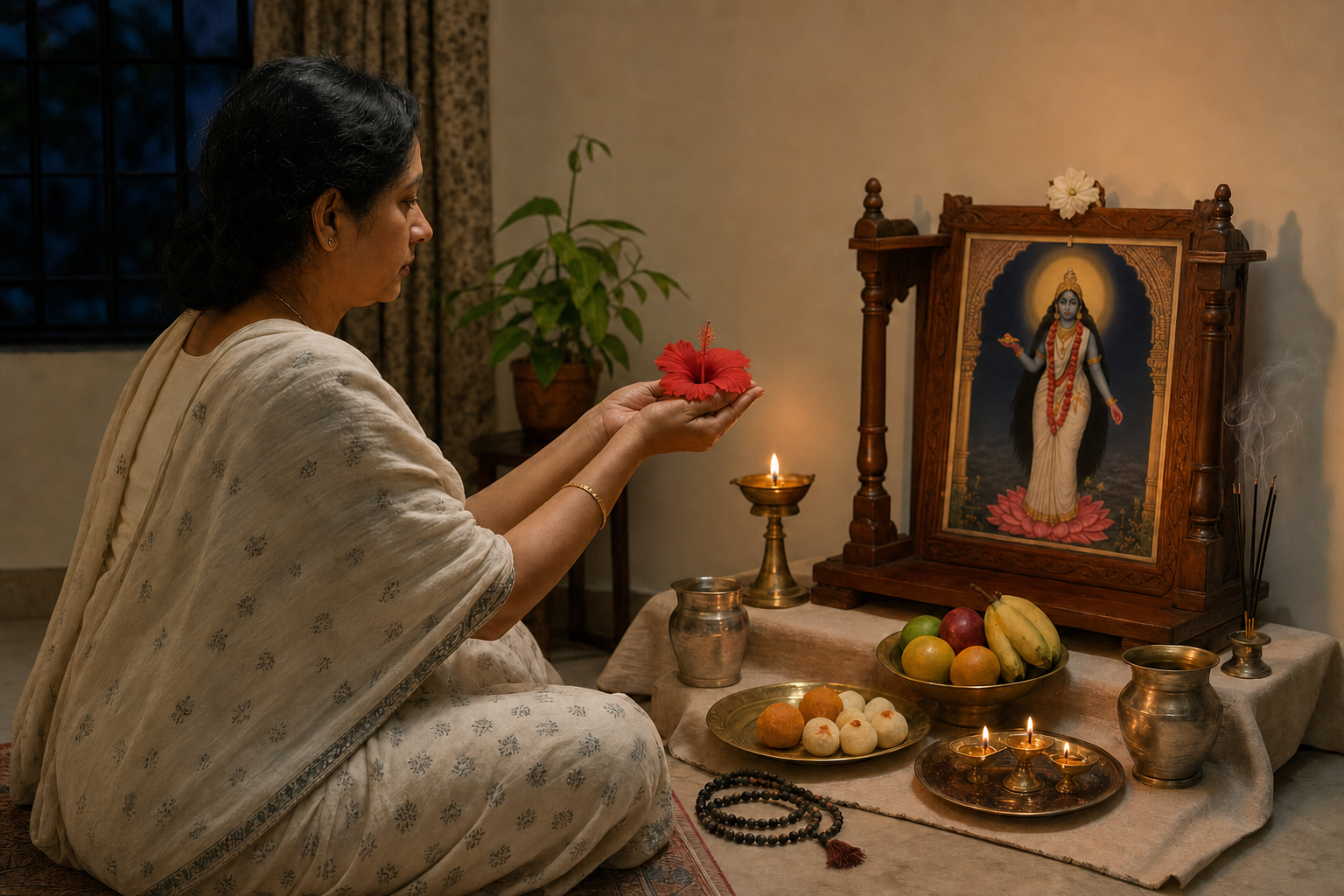 A seated devotee offers a red hibiscus flower at a modest Kali altar with a lamp, incense, water, fruit, sweets, and prayer beads.