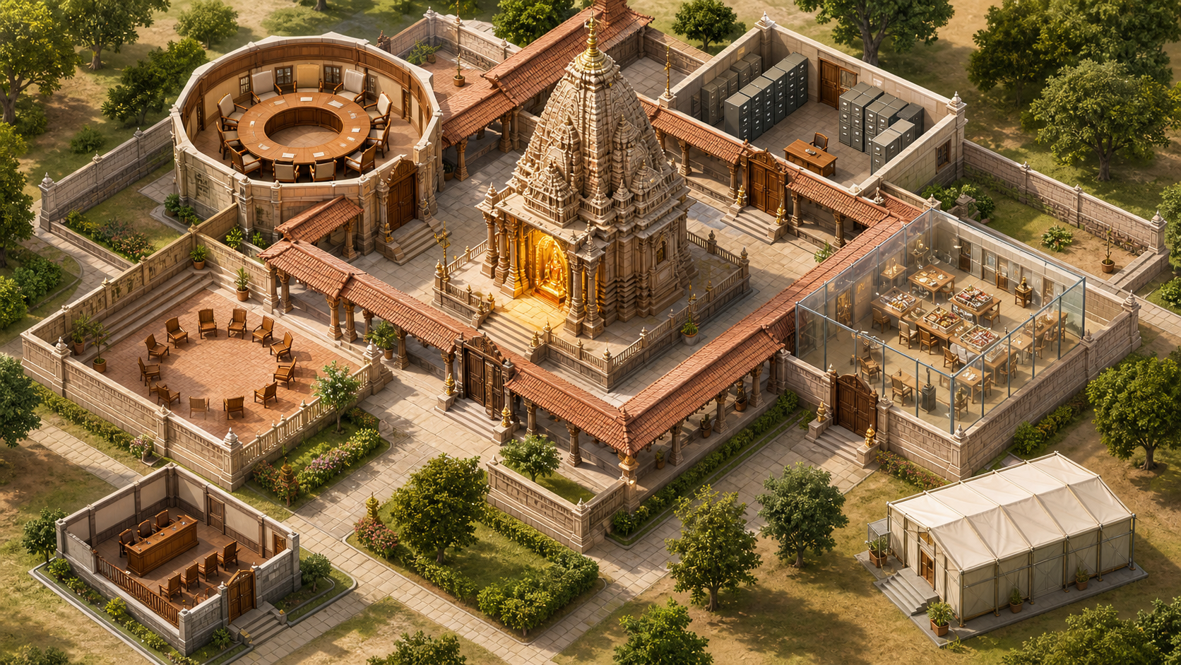 An isometric temple campus places the sanctum at the center, surrounded by separate trustee, audit, community, donation-counting, and external review spaces.