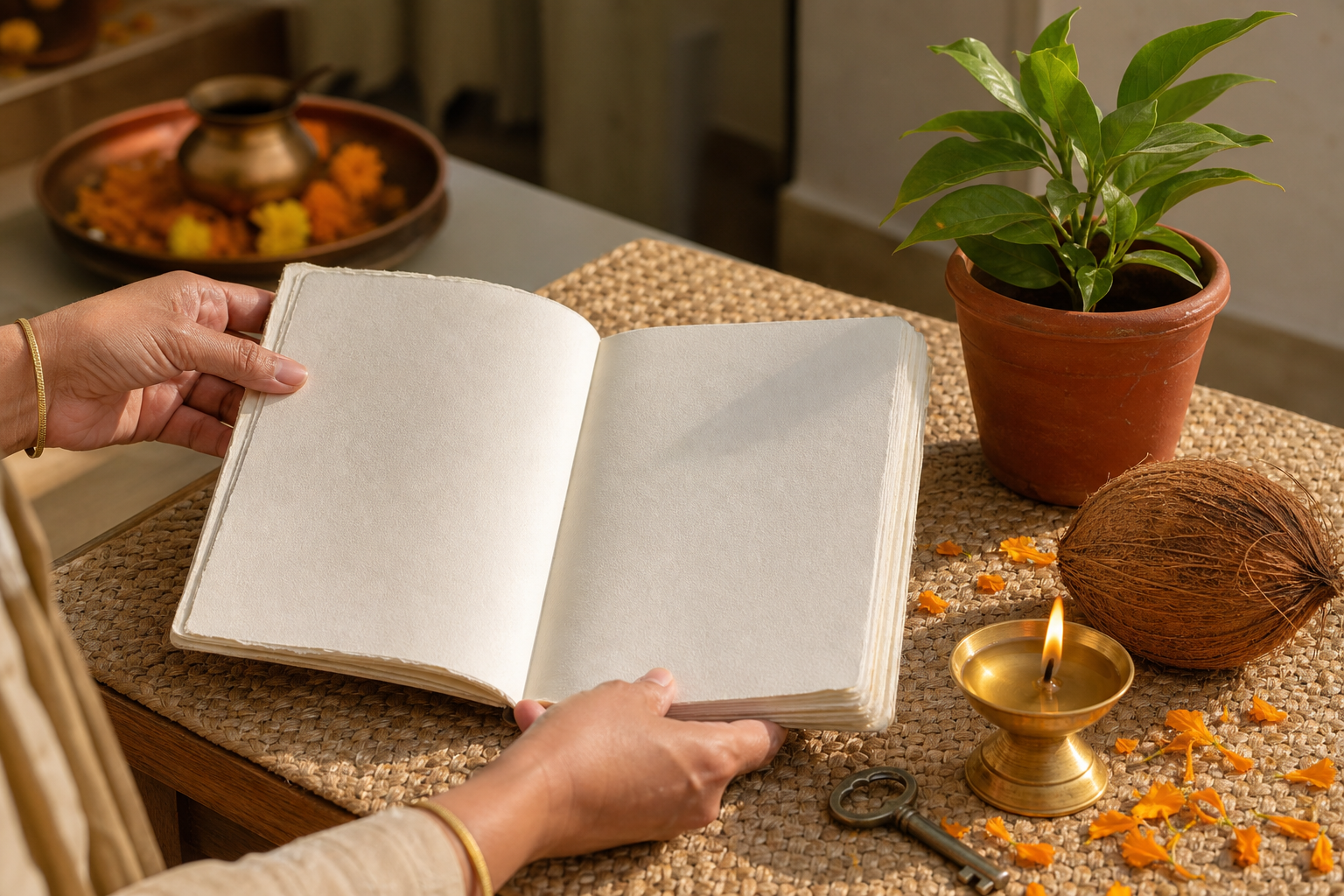 Hands open a blank notebook beside a lamp, coconut, key, marigold petals and a young potted plant in late-morning sunlight.