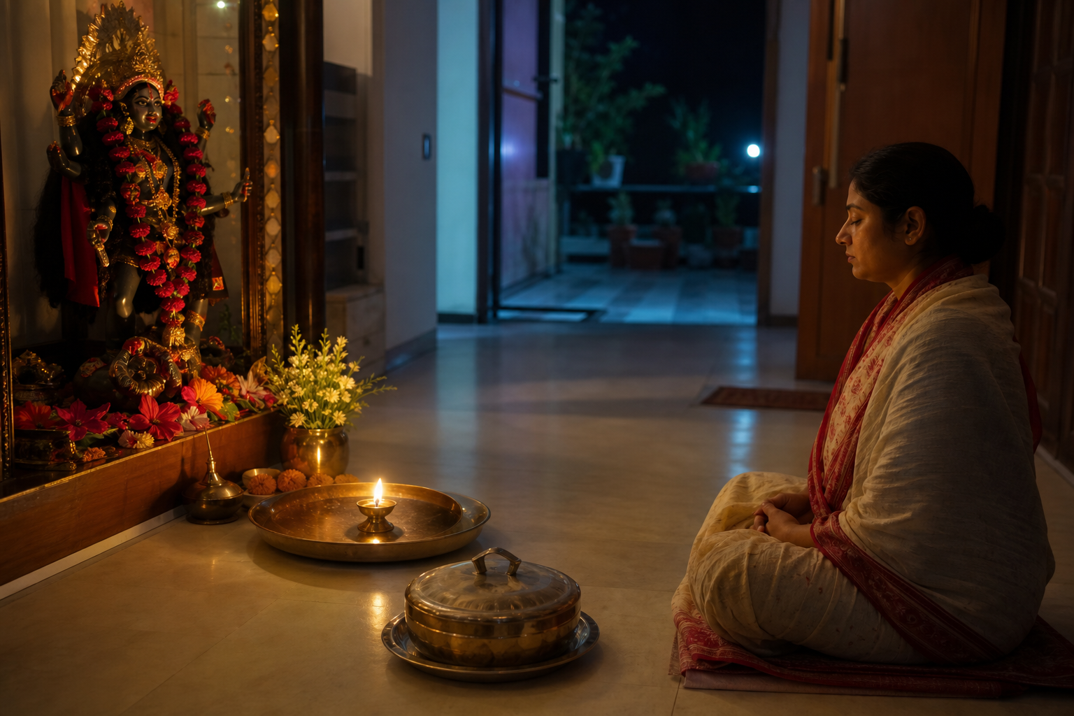 A devotee meditates after Kali Puja beside an orderly altar, with a protected oil lamp and a covered plate of prasad.