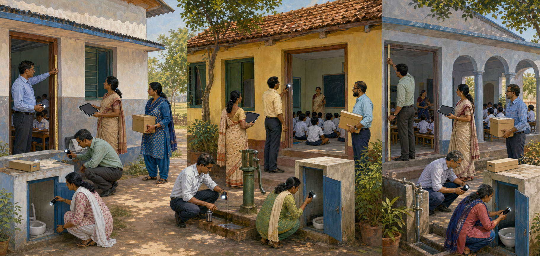 The same inspection team checks classrooms, water, sanitation, learning materials, and records at three different community schools.