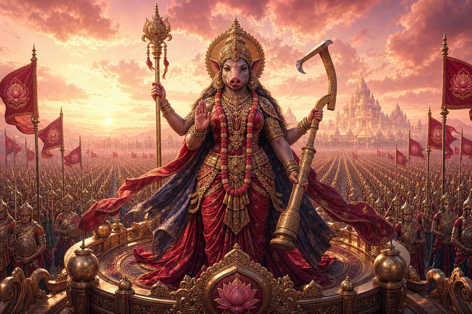 Boar-faced goddess Varahi stands on an ornate circular chariot holding a command staff, plough, and pestle before an ordered divine army.