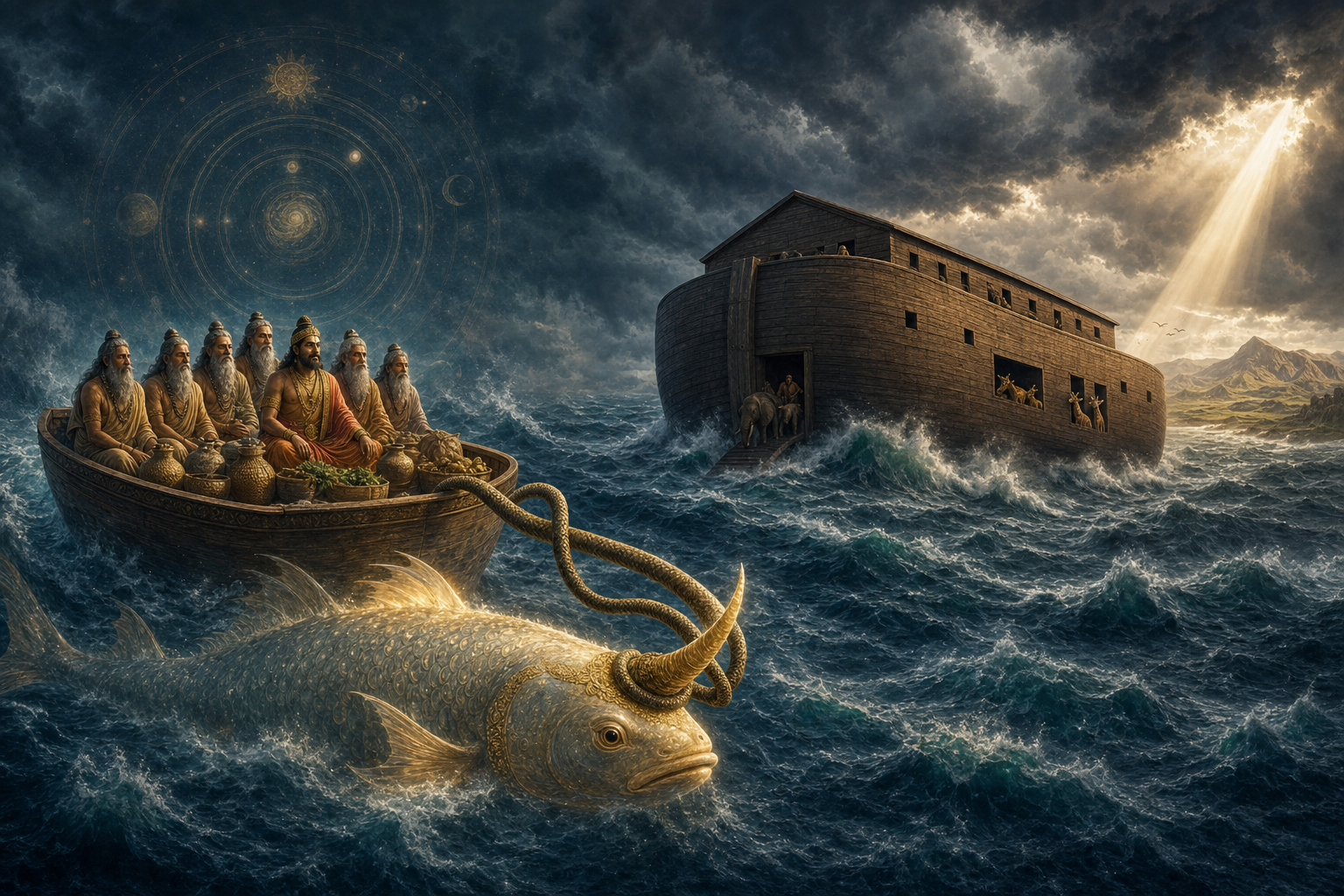 A horned fish guides Manu and seven sages in a small vessel on one side of a flood, while Noah's large wooden ark carries people and animals toward distant land on the other.