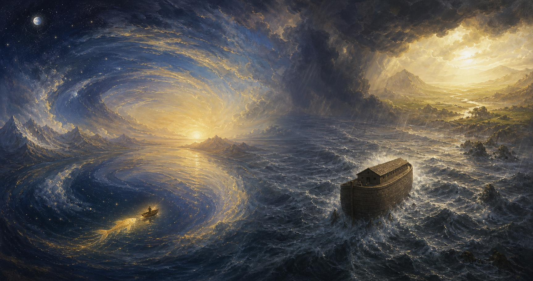 A fish-guided boat moves within circular cosmic waters, while a wooden ark follows a direct course from a storm toward sunlit land.