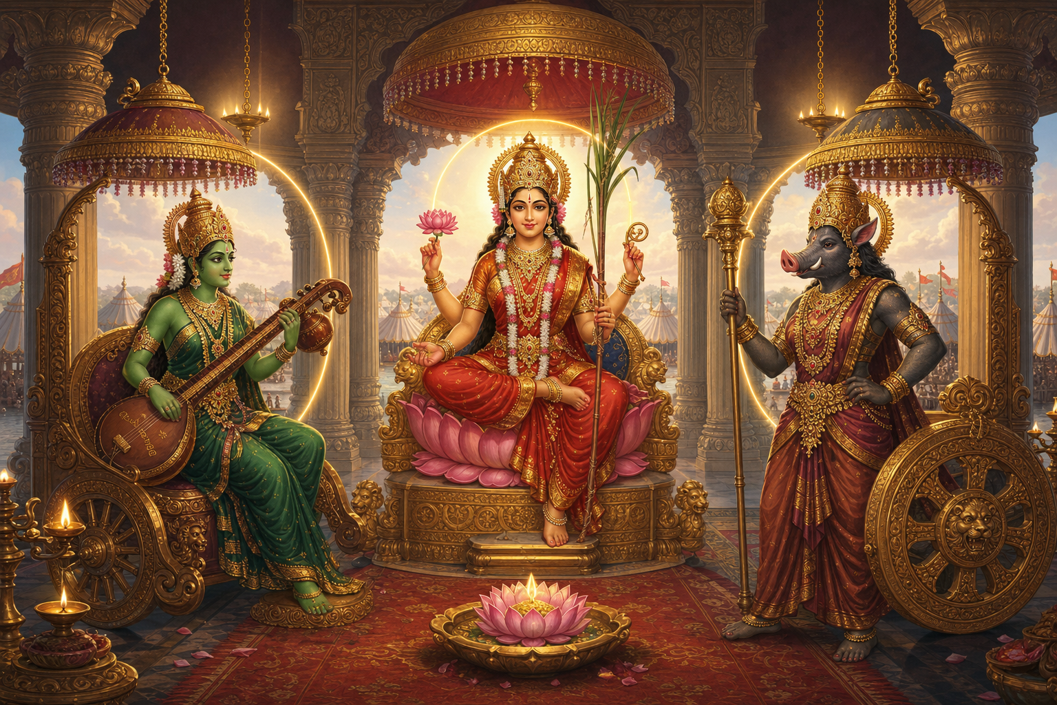 Lalita sits on a lotus throne between Mantrini with a veena and boar-faced Varahi with a command staff in a luminous palace council.