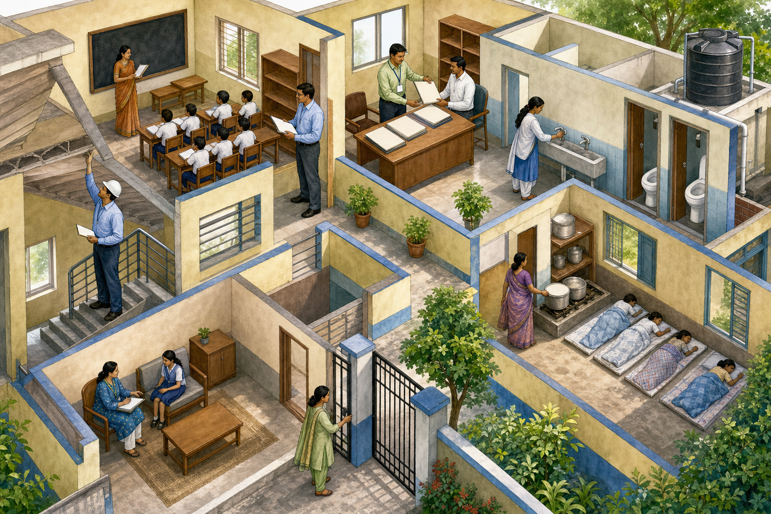 A cutaway view of a school shows inspectors examining building safety, teaching, records, sanitation, child protection, and residential facilities.
