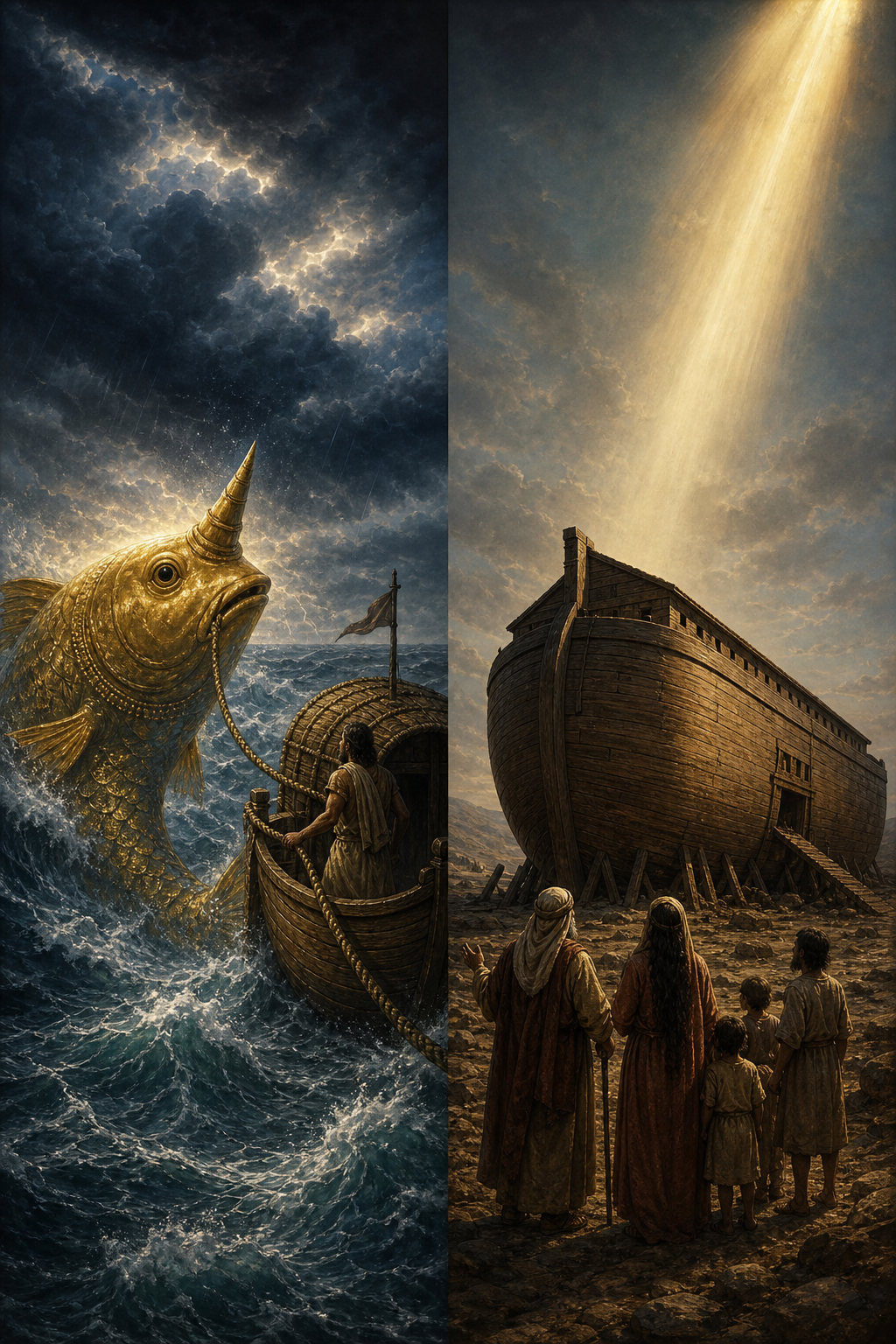 A radiant horned fish directly guides Manu's vessel, while Noah and his family stand by an ark beneath light descending from an unseen source.