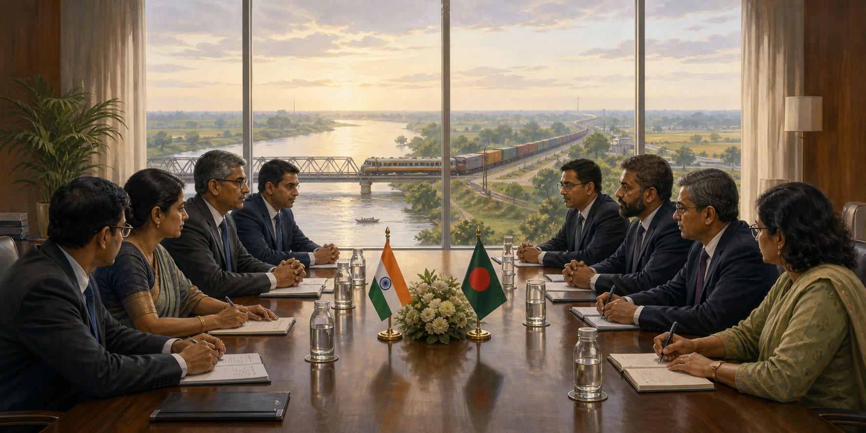 Anonymous Indian and Bangladeshi delegations meet beside their national flags, with a river, train and freight route visible beyond the room.
