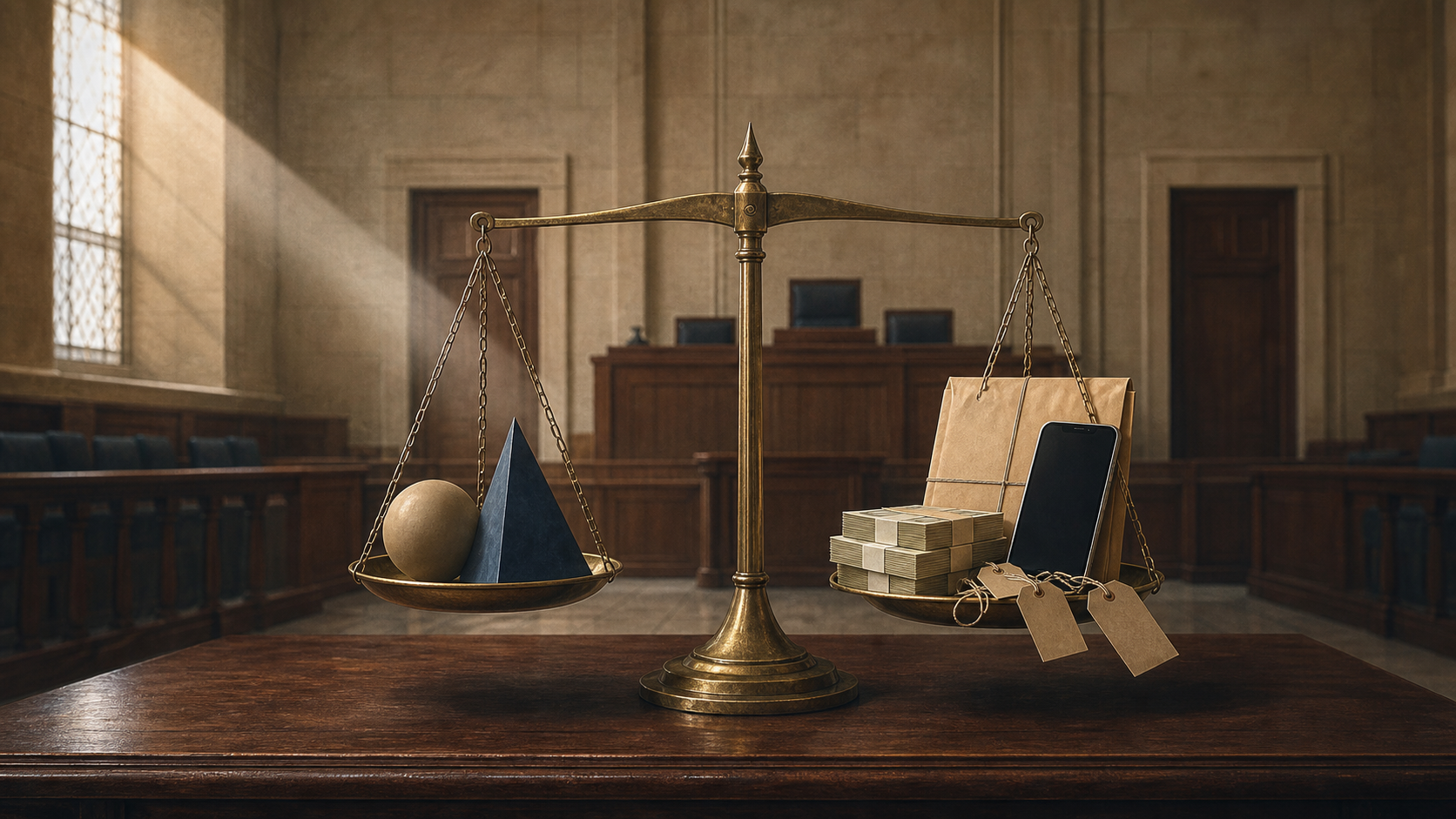 A brass balance scale in an Indian courtroom contrasts abstract ideological models with a folder, phone, currency bundles, and other physical evidence.
