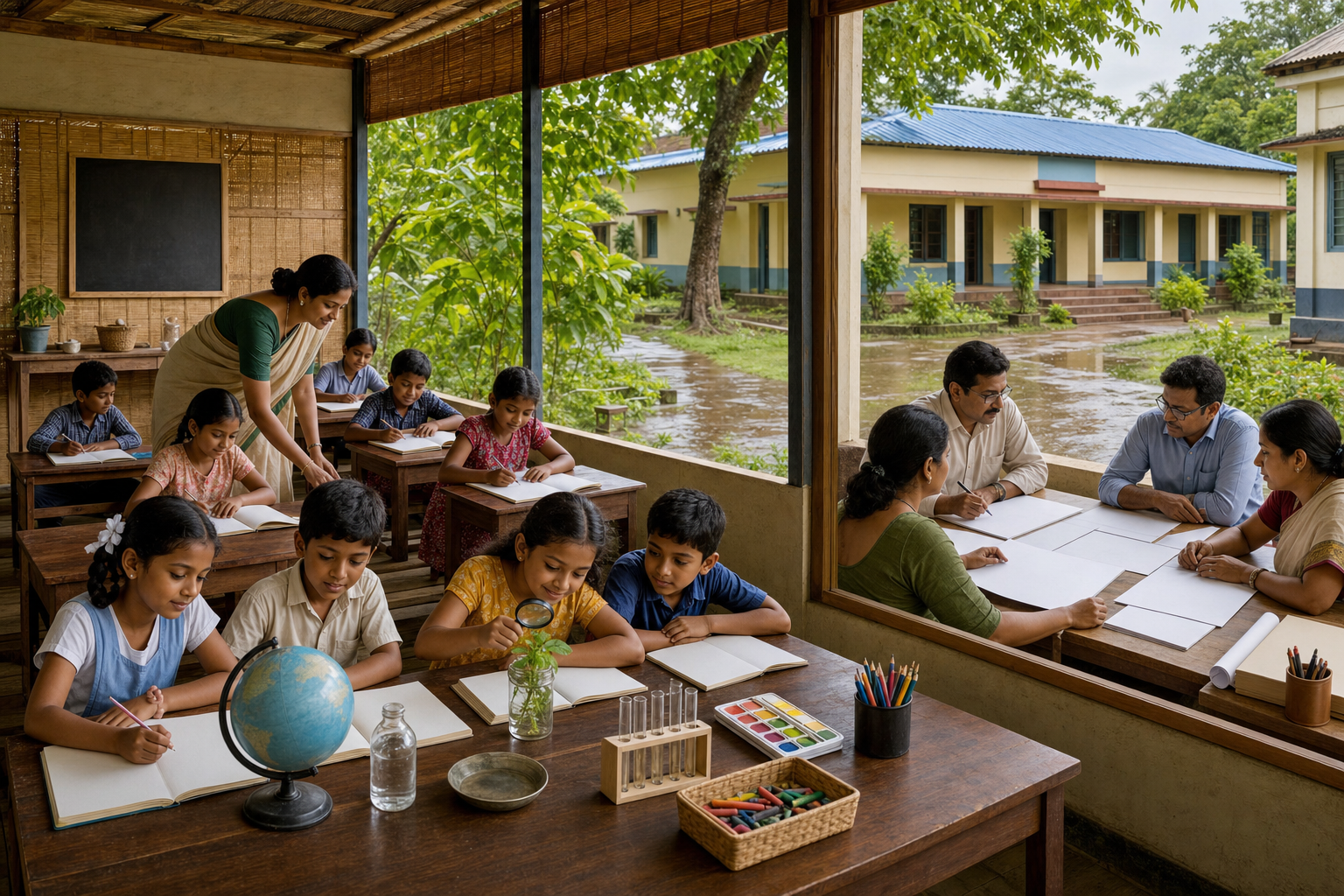 Children continue their lesson in a temporary classroom while teachers and officials organize documents and repairs for their school.