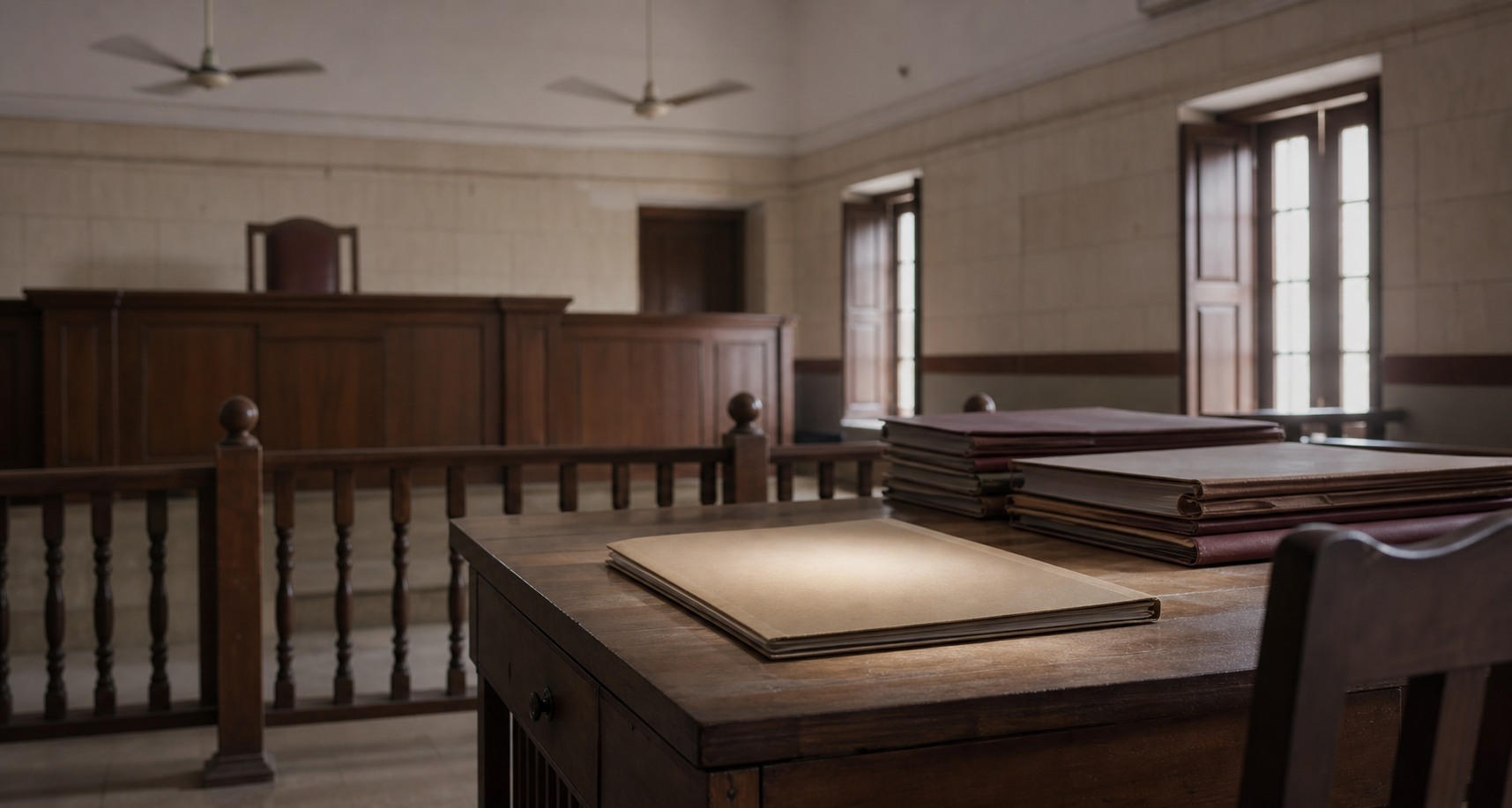 A closed case file sits under a focused light in an otherwise empty Indian courtroom, with unopened folders visible in the background.