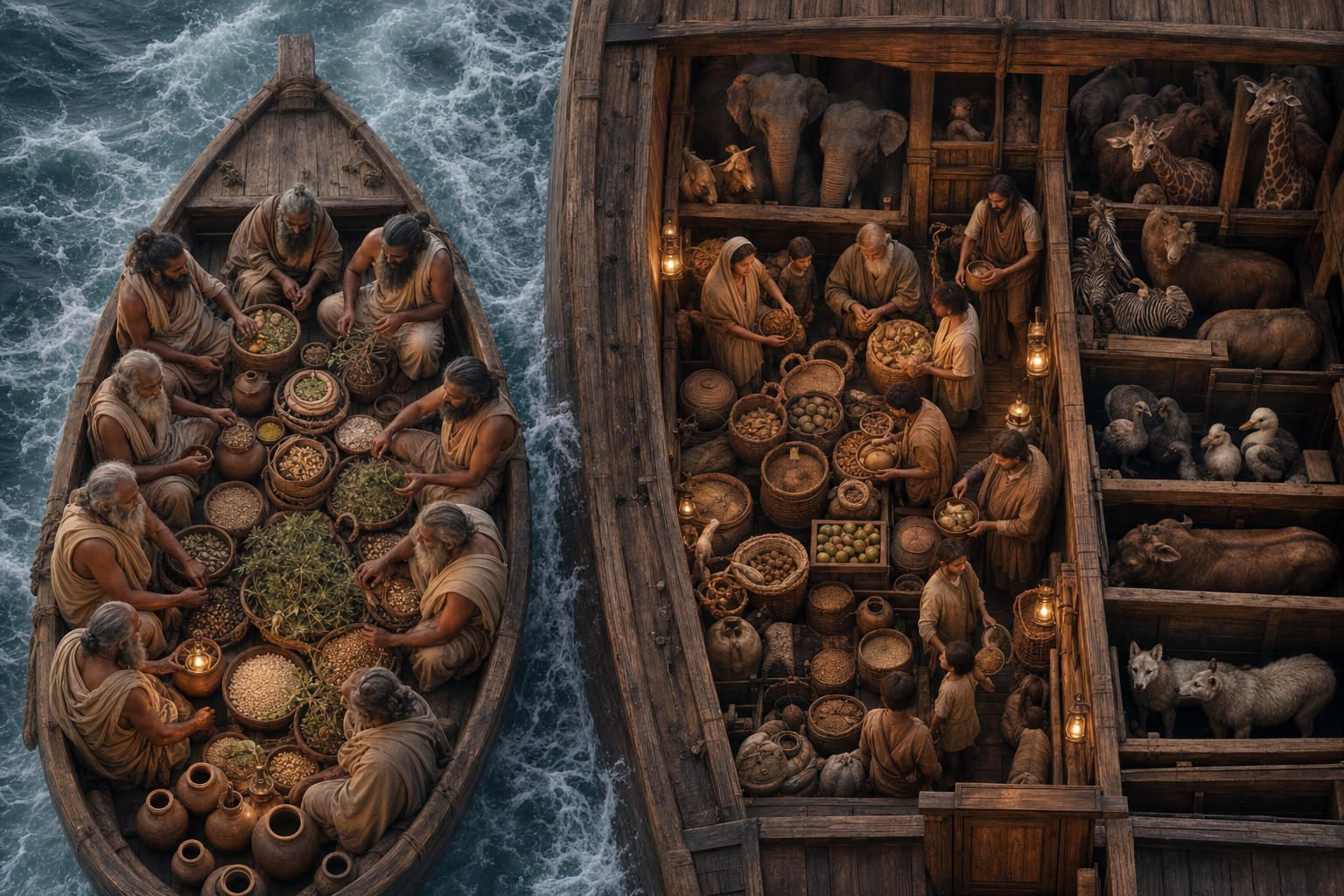 Seven sages guard containers of seeds and plants in Manu's vessel, while a family tends paired animals and provisions inside Noah's ark.
