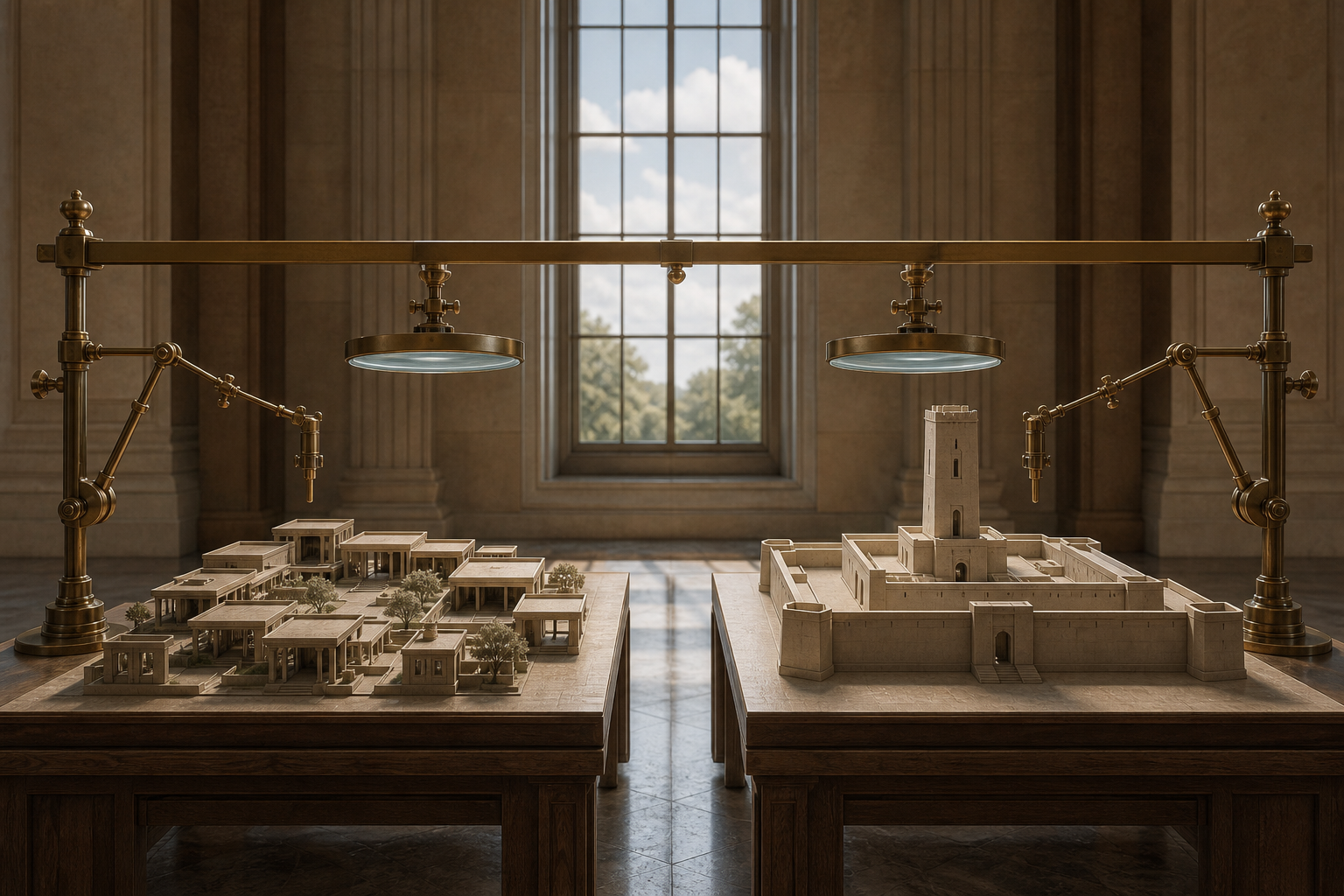 Two structurally different architectural models are examined with identical measuring tools beneath a level brass frame.