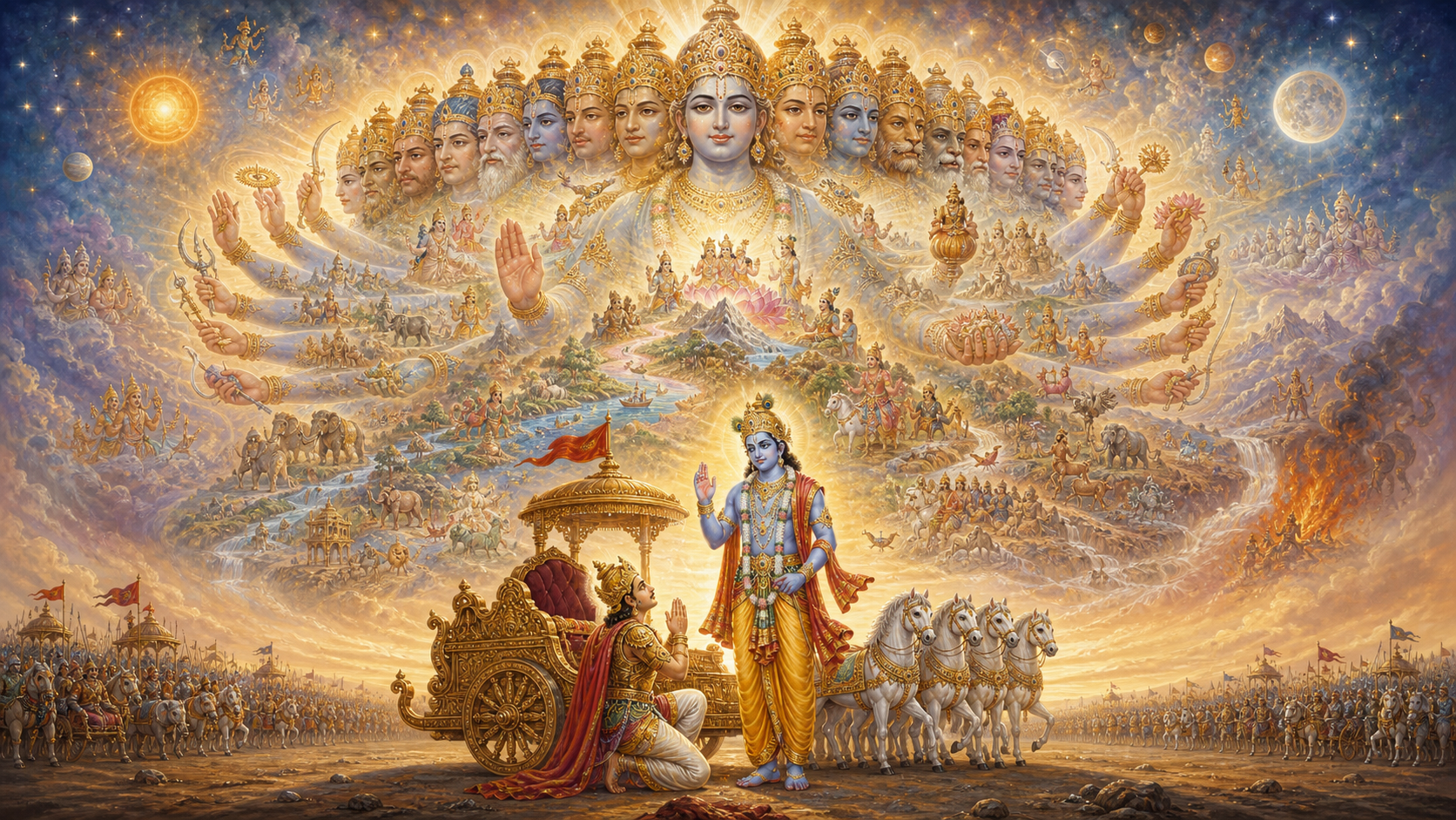Arjuna kneels beside a chariot as Krishna's radiant universal form encompasses celestial bodies, landscapes, animals, and human beings.