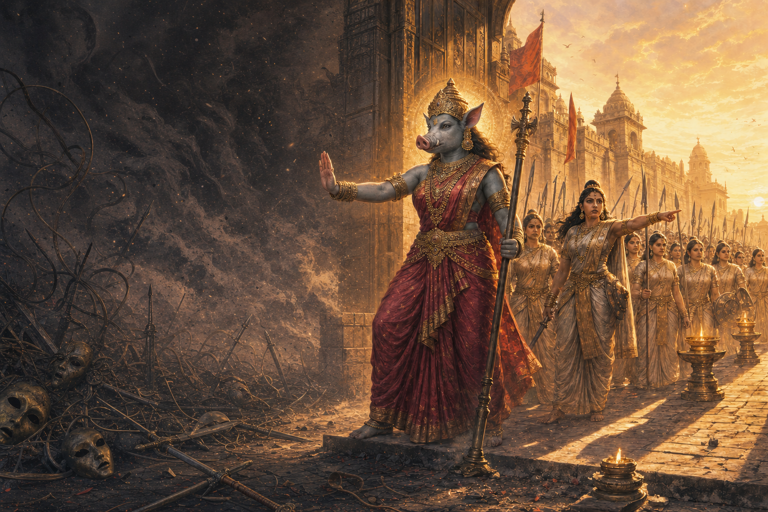 Varahi stands at a fortified gate directing luminous warriors while smoky figures, broken masks, and tangled cords recede into darkness.