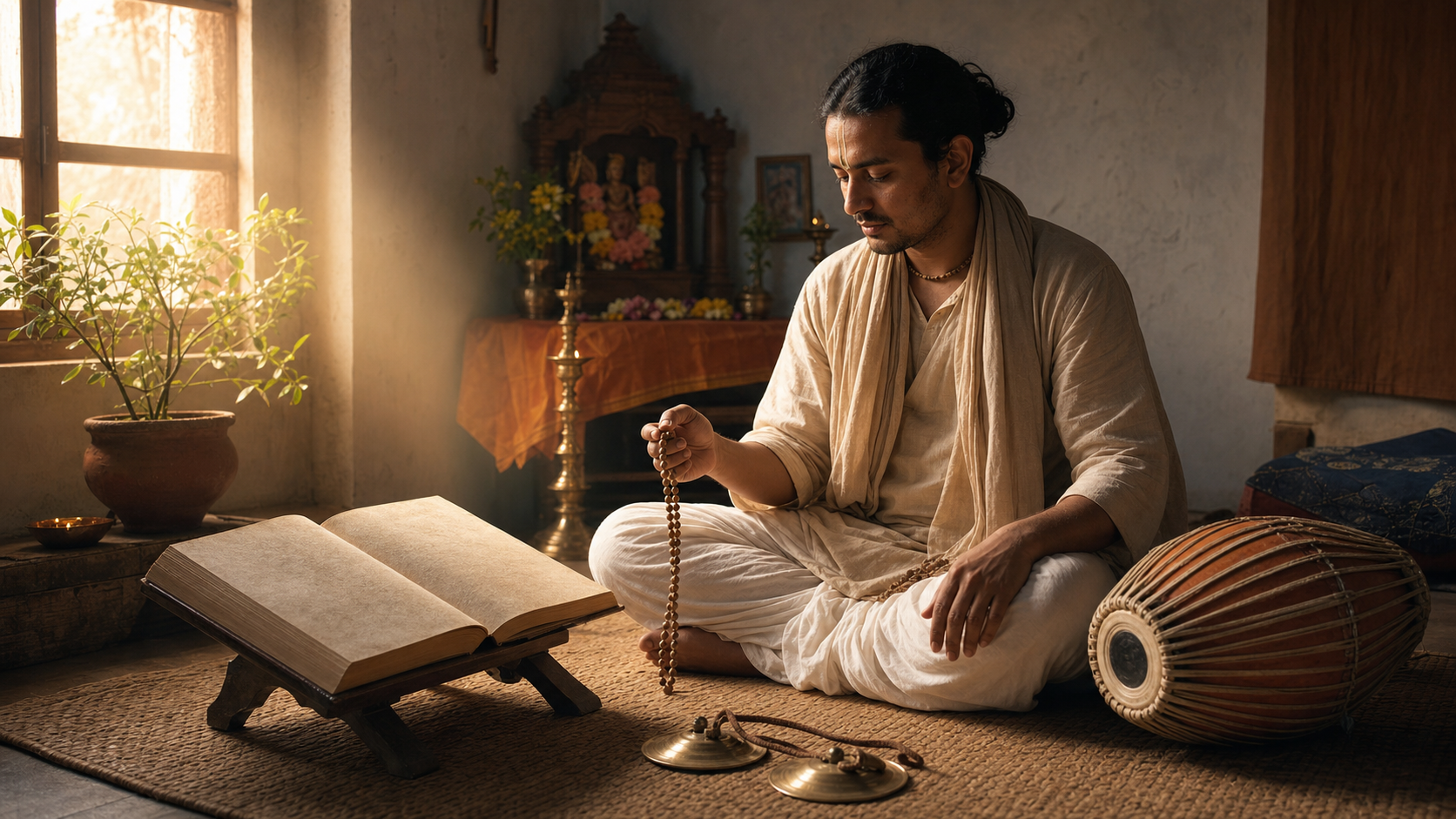 A seated practitioner holds chanting beads beside an open book, hand cymbals, and a clay drum in a softly lit devotional room.