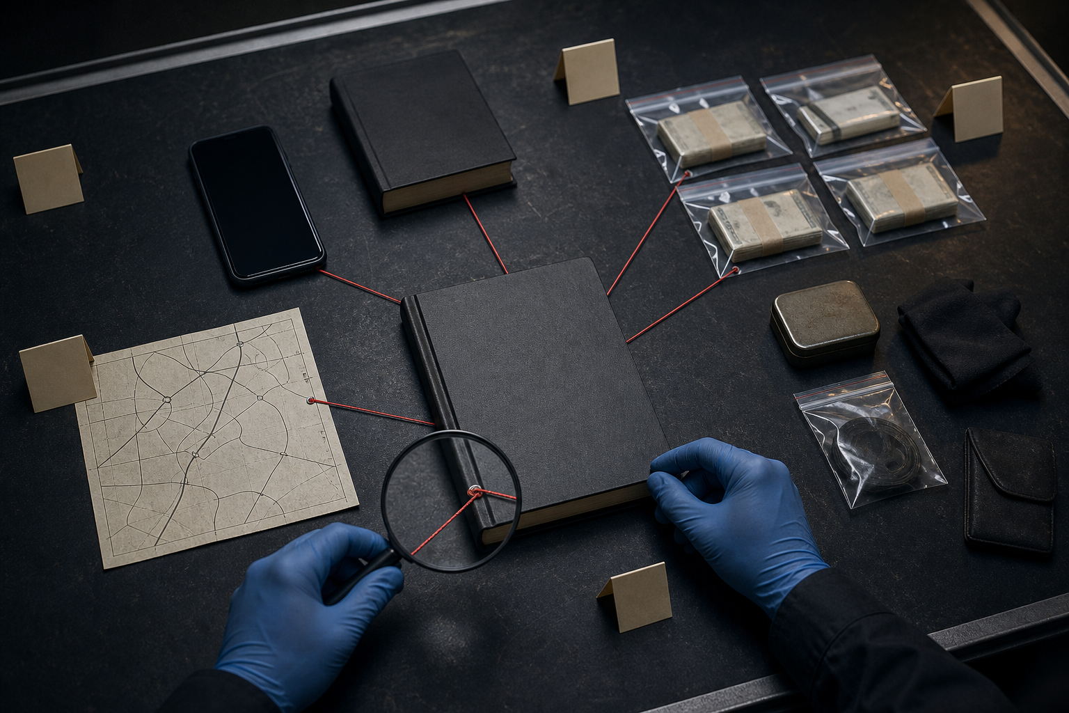 Gloved hands organize a phone, ledger, currency packets, map, and dossier into a connected sequence on a forensic analysis table.