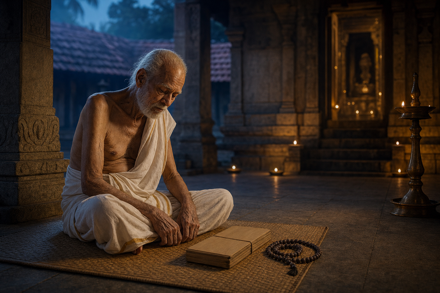 A frail elderly scholar sits with prayer beads and closed palm-leaf folios in a lamplit Kerala temple mandapa.