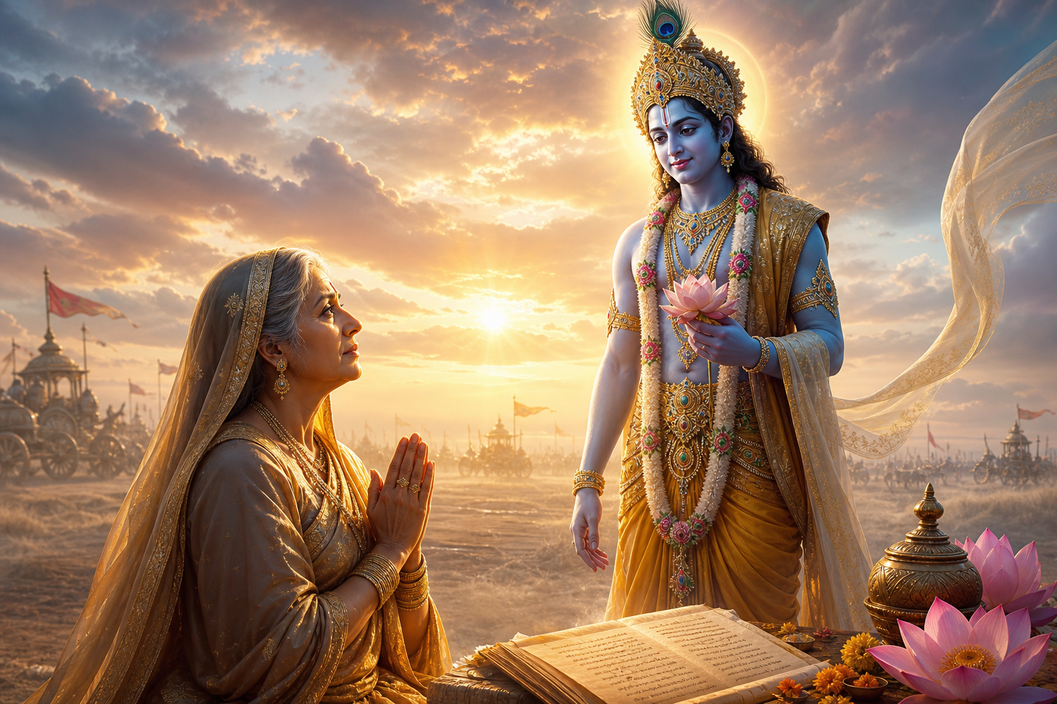 Queen Kunti prays to Sri Krishna at dawn after the Kurukshetra war