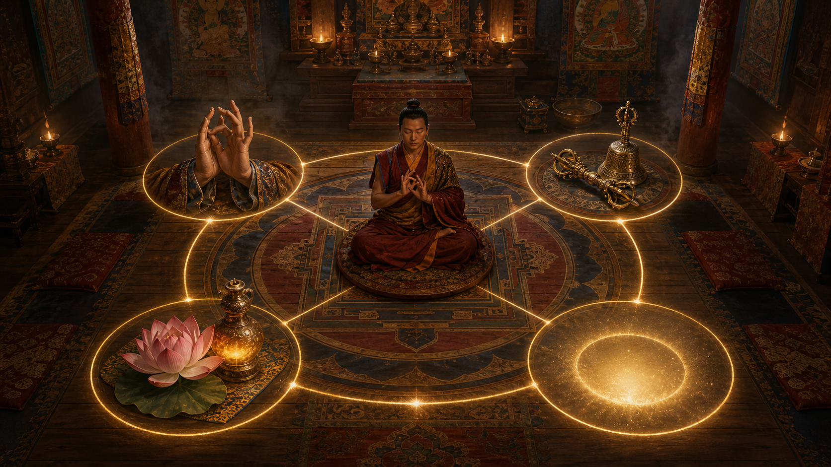 A seated practitioner occupies the center of a lamplit ritual chamber, surrounded by four connected arrangements of gestures, implements, offerings, and radiant space.