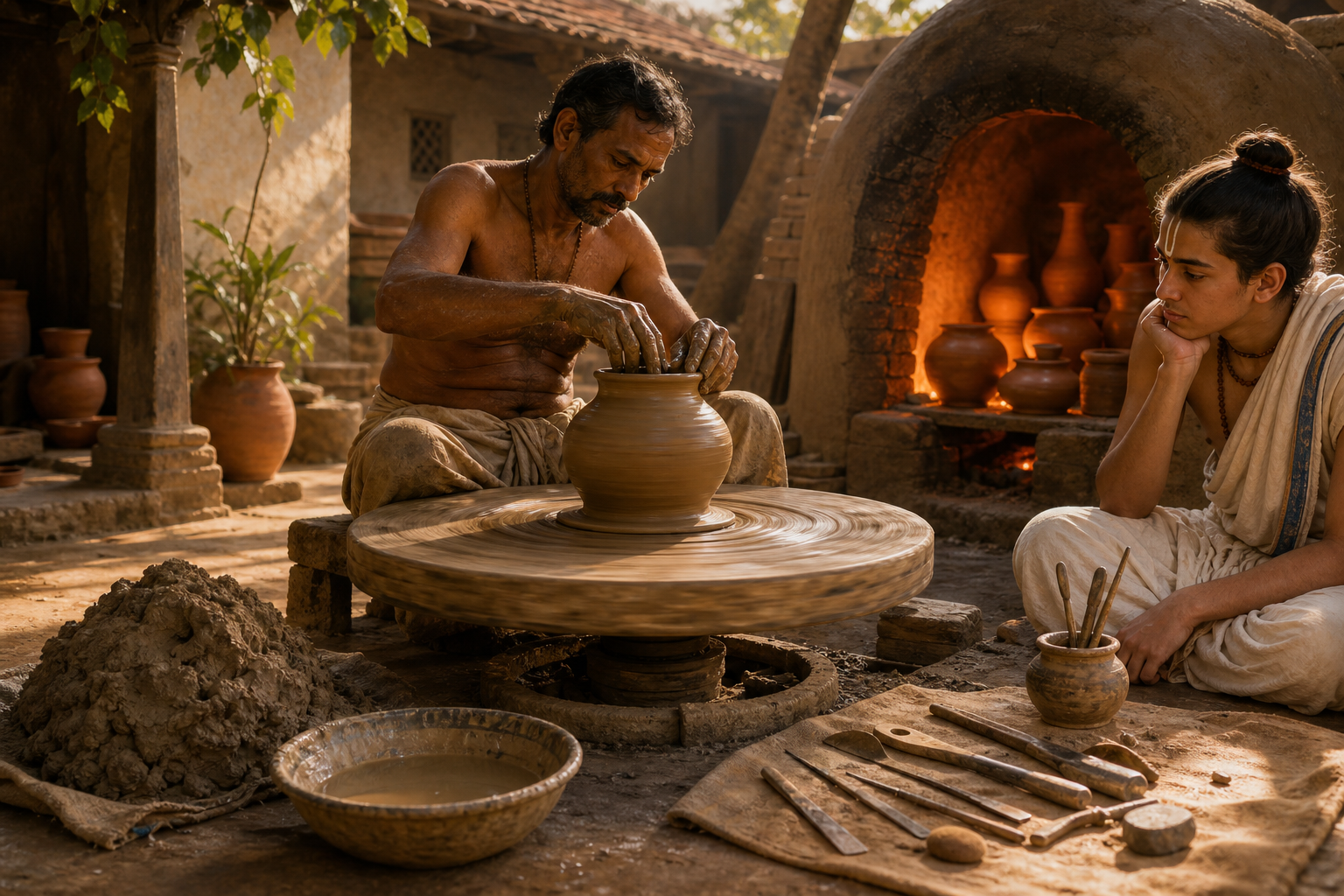 A potter shapes a clay vessel on a wheel beside raw clay, water, tools, and a glowing kiln while a student observes.