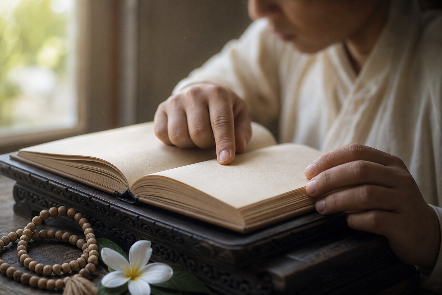 Hands pause over an open book on a wooden stand, with chanting beads and a flower beside the pages.