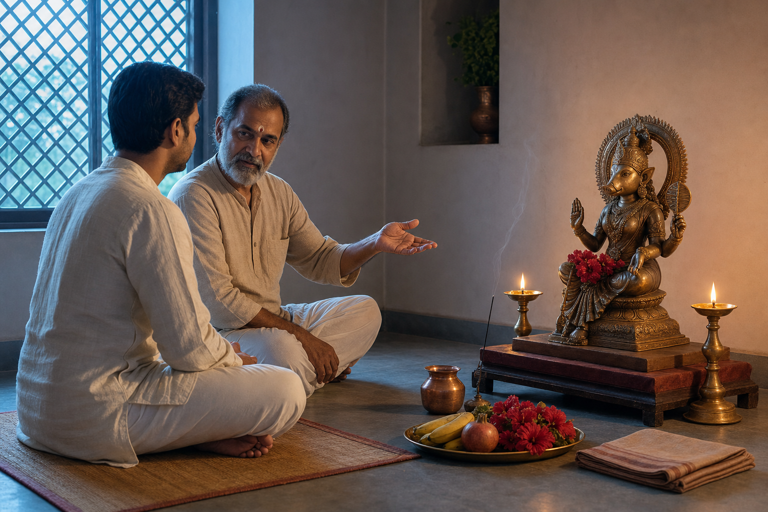 An adult practitioner and teacher sit before a small bronze image of Varahi in a simple shrine lit by oil lamps and dawn light.