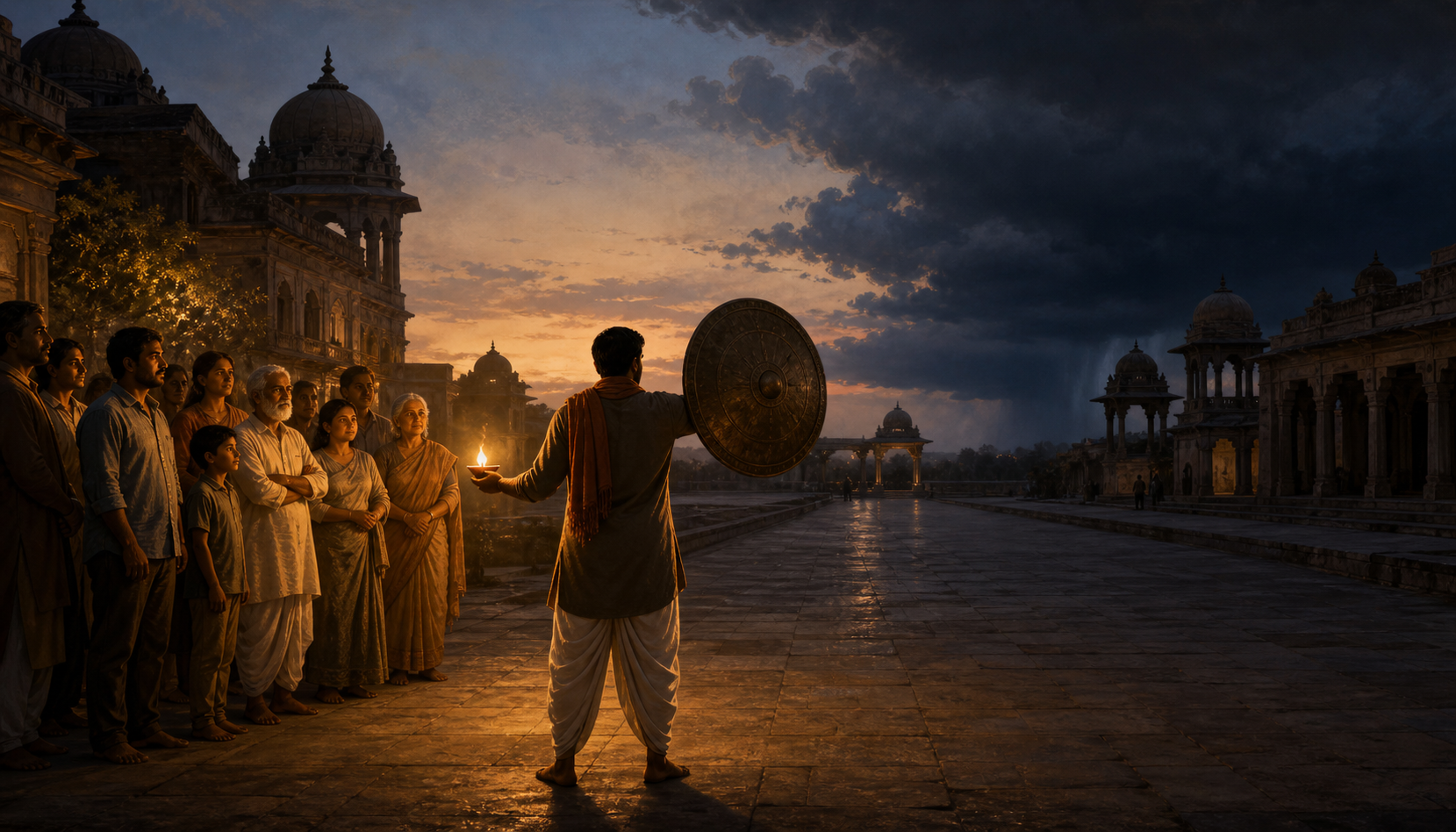 A figure in a stone courtyard holds a shield toward a distant storm and an oil lamp that illuminates a diverse group of citizens.
