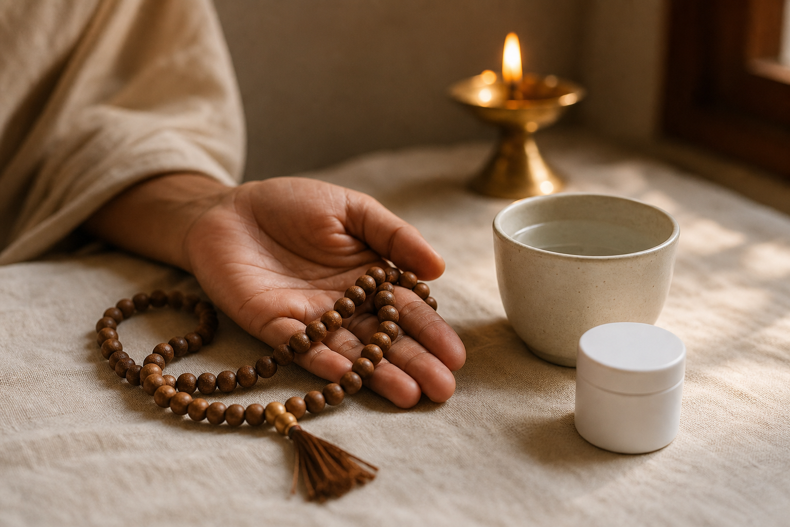 A hand rests near prayer beads, water, and a plain medicine container beside a glowing oil lamp.