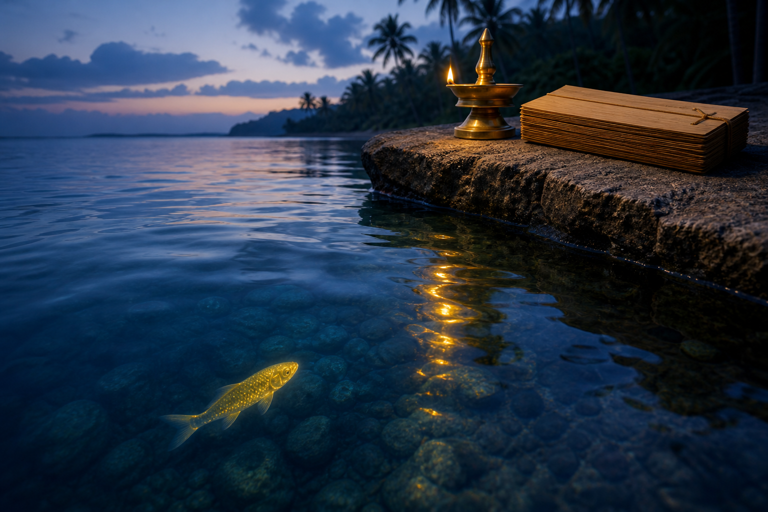 A small fish swims through blue water toward lamplight beside a stack of closed palm-leaf folios.