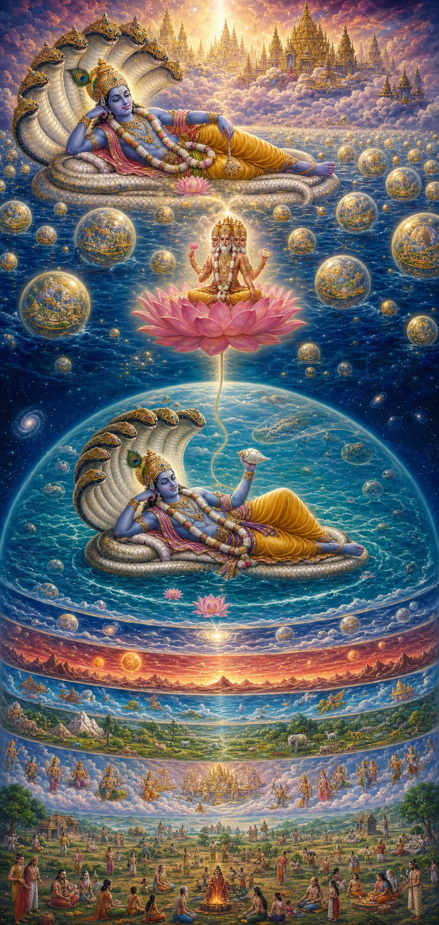 Vishnu reclines on Ananta above cosmic waters as golden universes appear, while another Vishnu within one universe supports Brahma on a lotus.