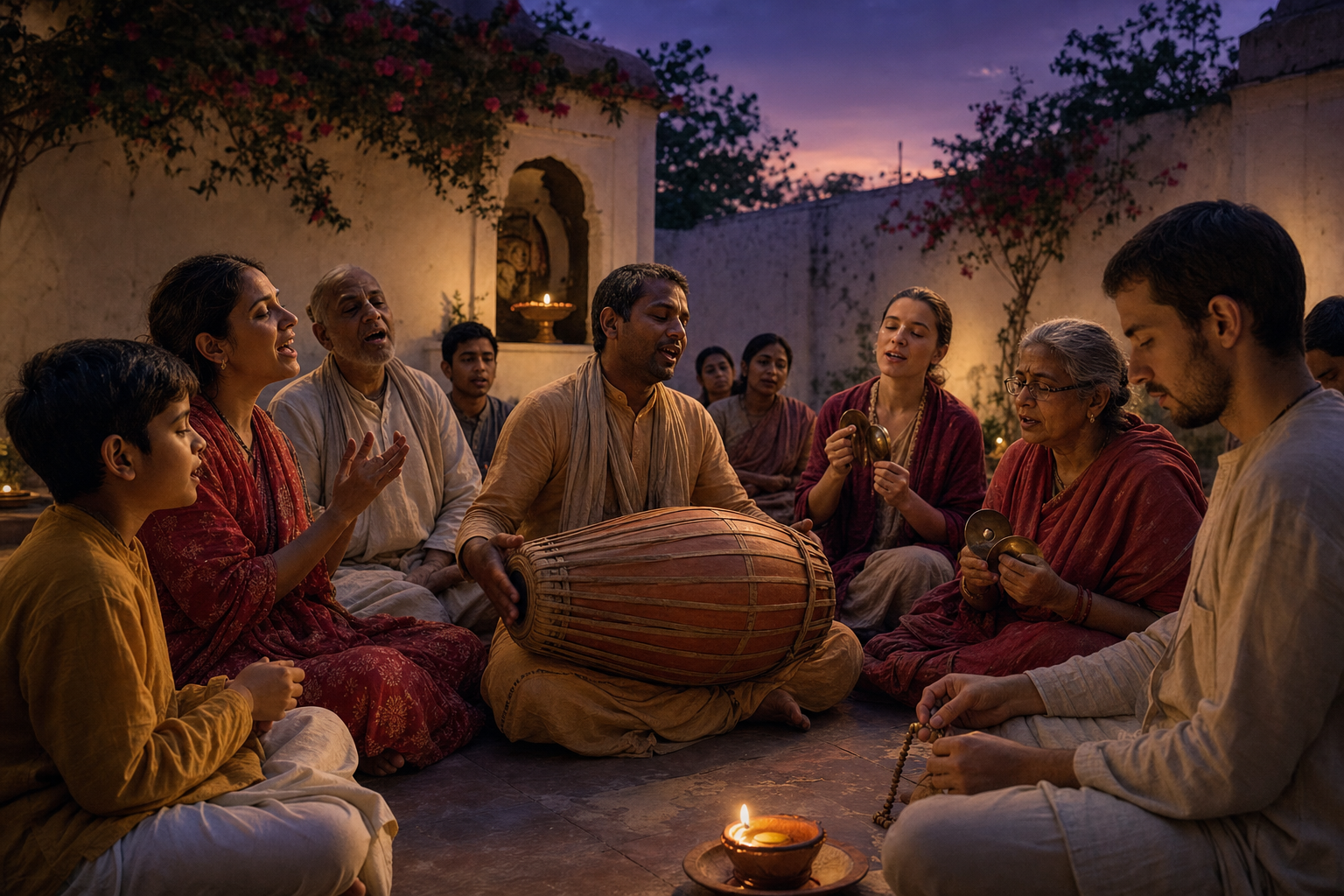 A small group sits in a courtyard singing together while playing a clay drum and brass hand cymbals at dusk.