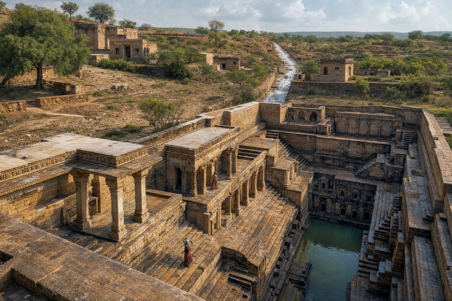 A sandstone stepwell descends through shaded pillared levels to a small pool, with drainage channels and a semi-arid catchment landscape visible above.