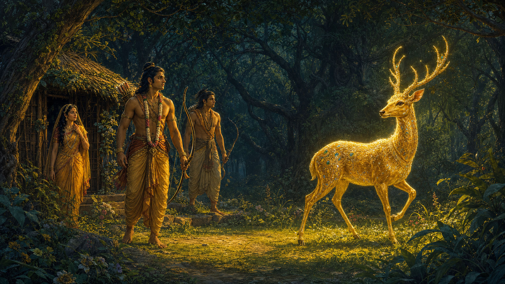 A radiant golden deer draws the attention of Sita, Rama, and Lakshmana outside their forest hermitage while a shadowy presence hides among the trees.