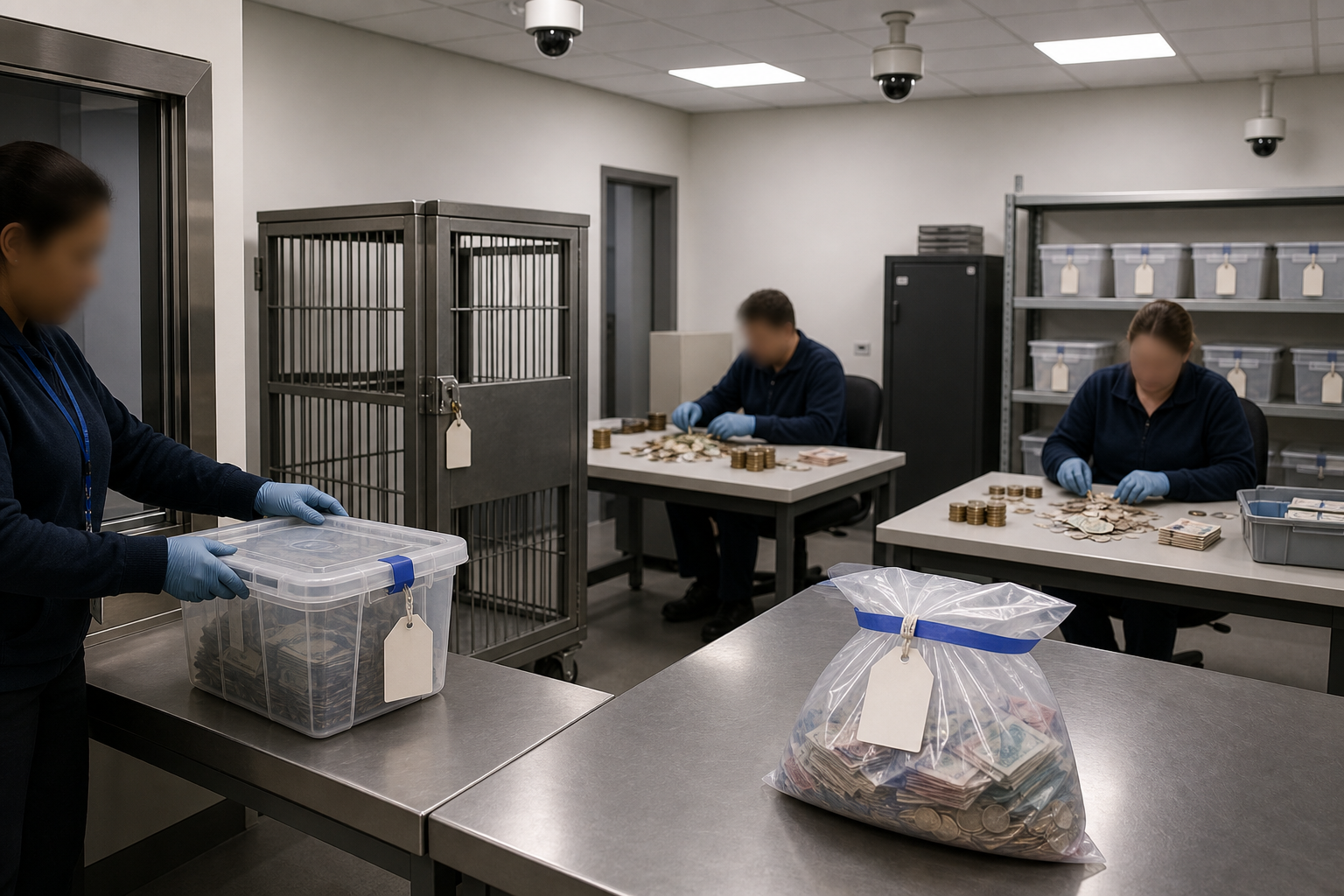Gloved auditors and staff inspect sealed offering containers and count donations in a secure room.