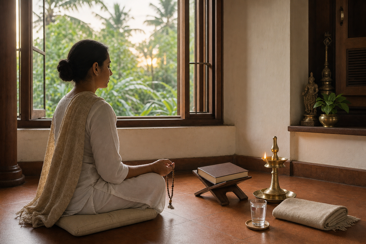 A seated practitioner holds prayer beads in a simple dawn prayer space with a lamp, closed book, water, and open window.