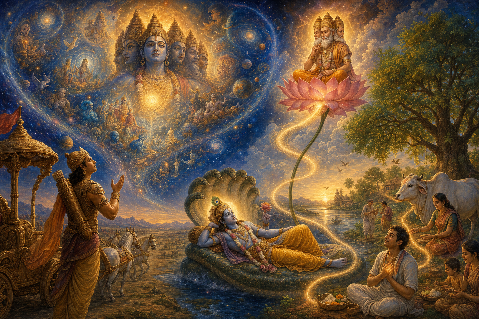 Arjuna, Brahma on a lotus, and a village devotee behold different manifestations of the same golden divine presence.