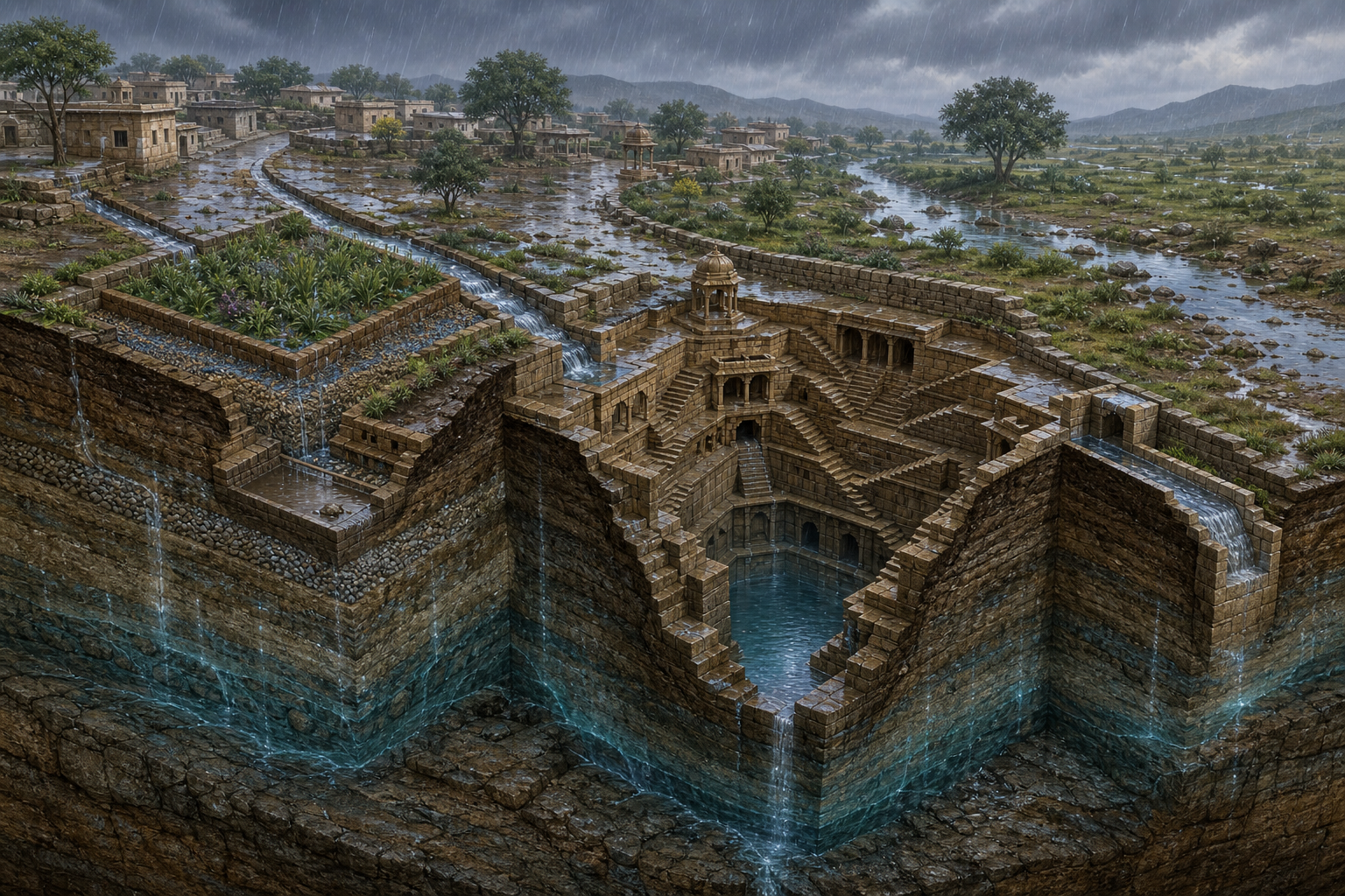 An oblique cutaway shows rainfall moving through a catchment, drains, soil, filtration layers, groundwater, and a stepped well.